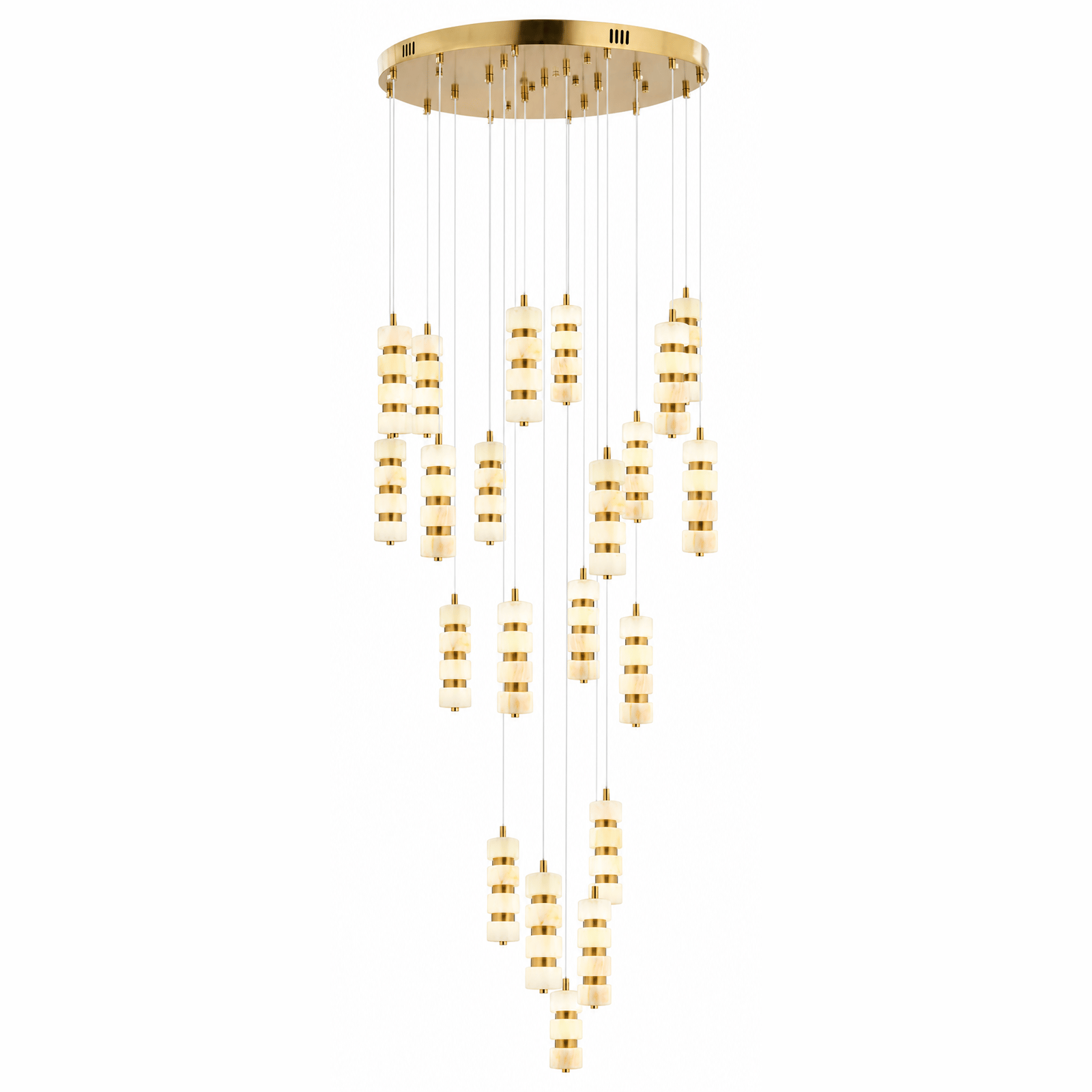 Calyra Antikgoldfarbener 18-flammiger Marmor-Cluster-Pendelleuchter — Licht an, Weißer Hintergrund