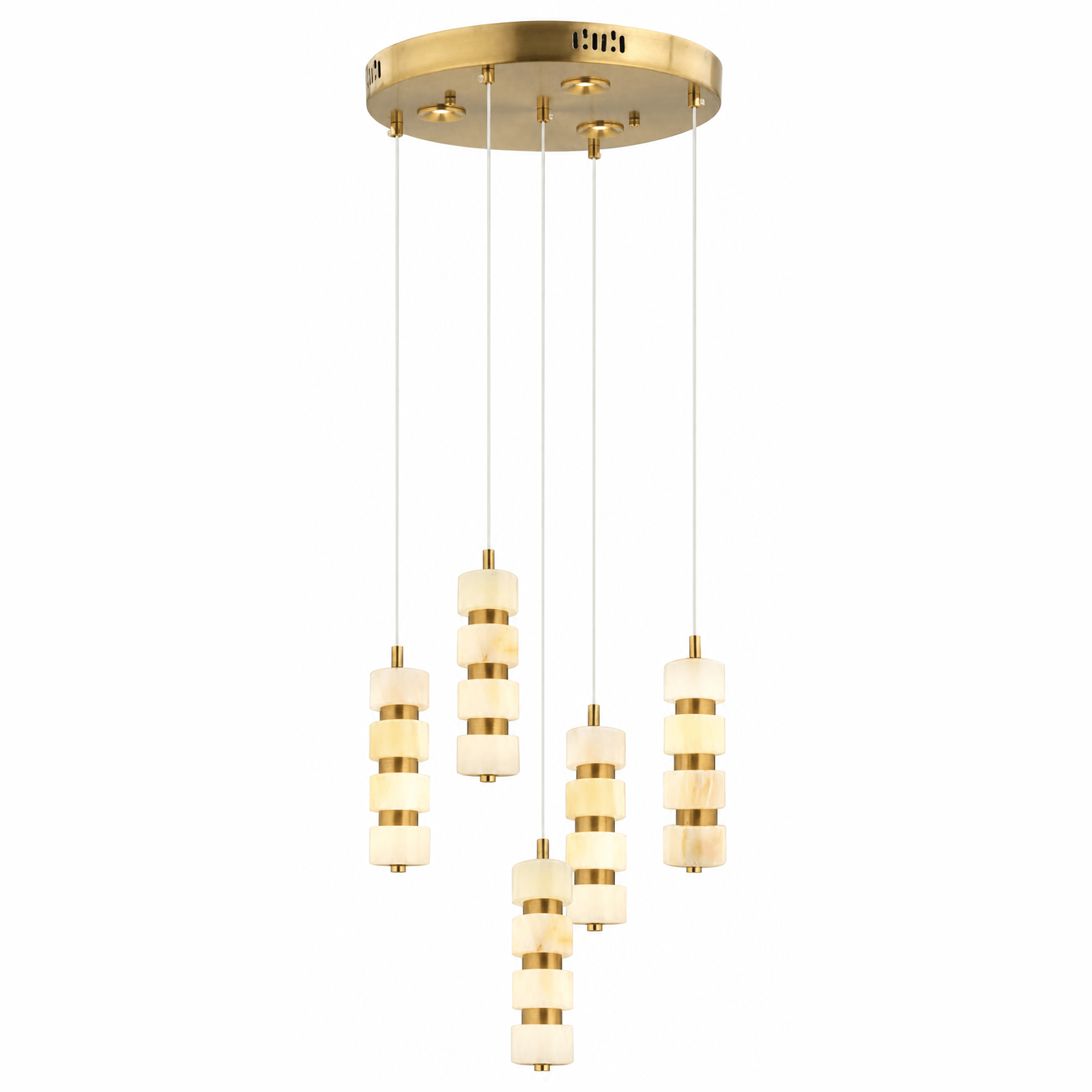 Calyra Antikgoldfarbener runder 5-flammiger Marmor-Cluster-Pendelleuchter — Licht an, Weißer Hintergrund