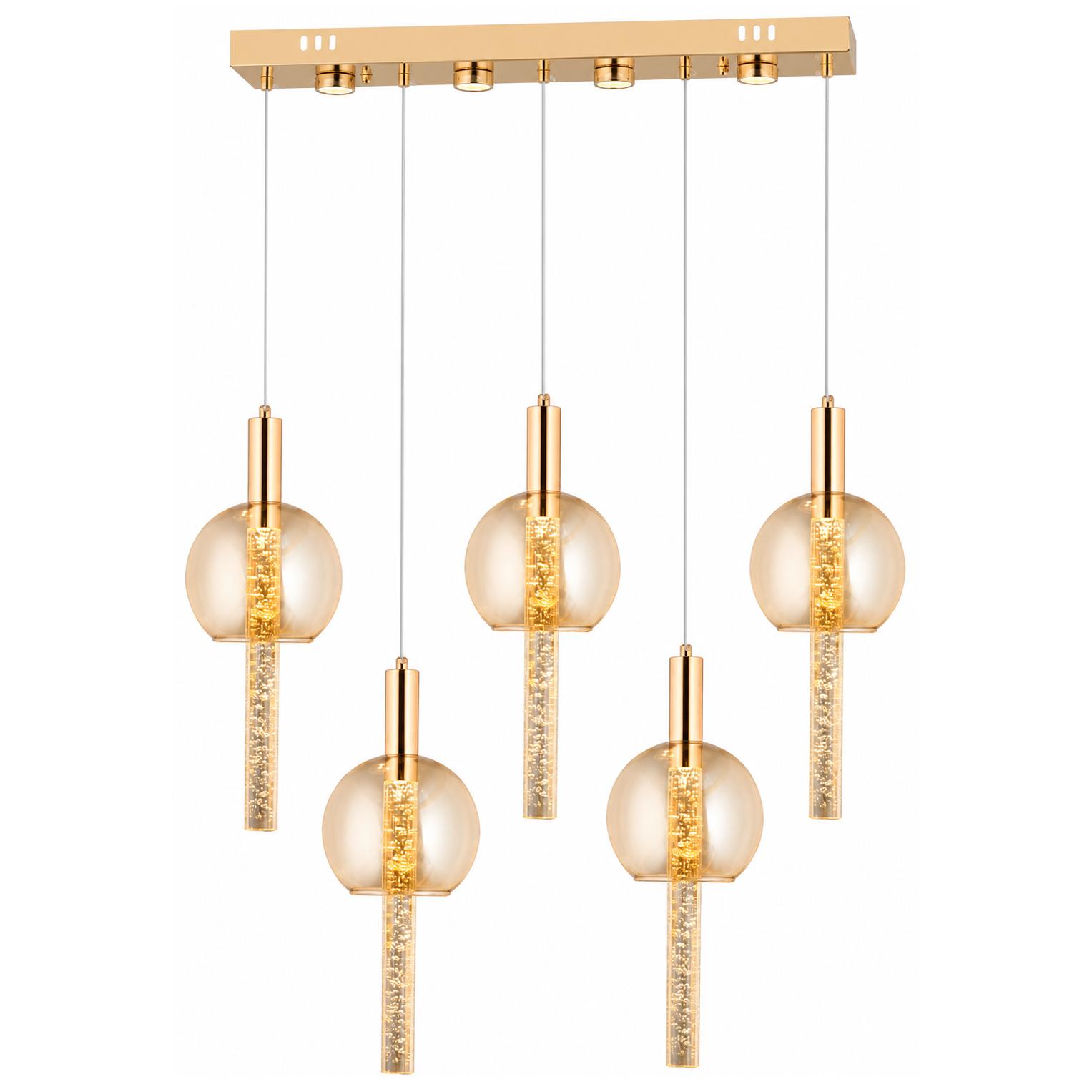 Caelora Gold 5-Light Linear Chandelier — Lights on, White background