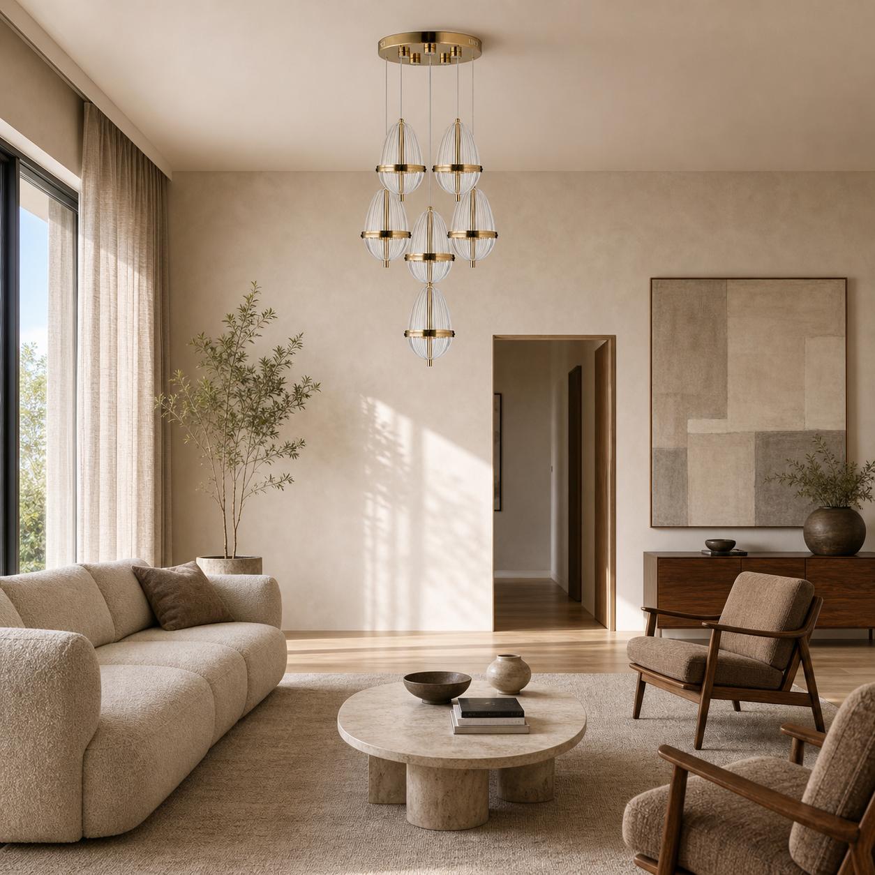 Amphoria Ribbed Ellipsoid Gold 6-Light Cluster Pendant Chandelier — Lights off, Room