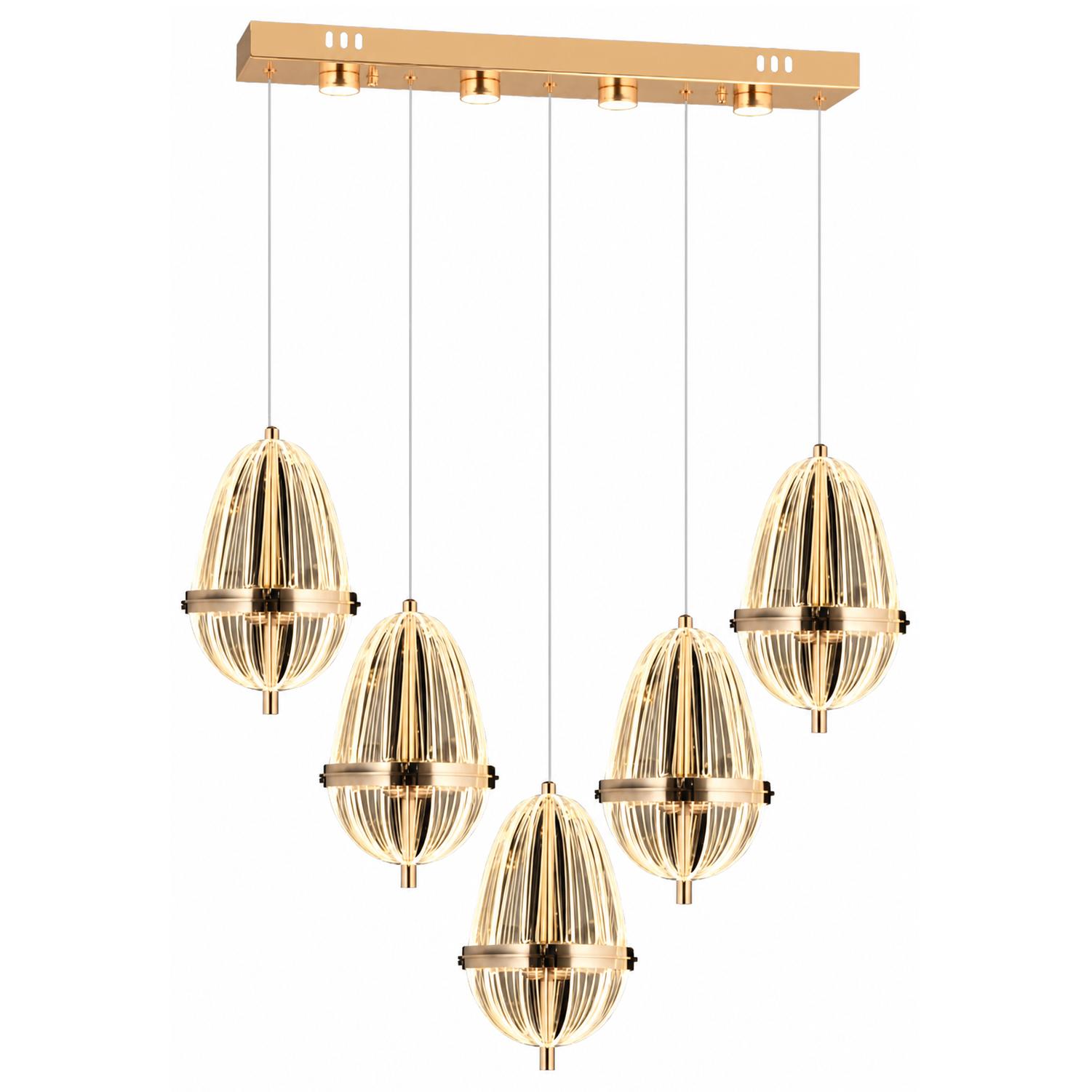 Amphoria Gerippte Ellipsoid-Pendelleuchte in Gold, 5-flammig und linear — Licht an, Weißer Hintergrund