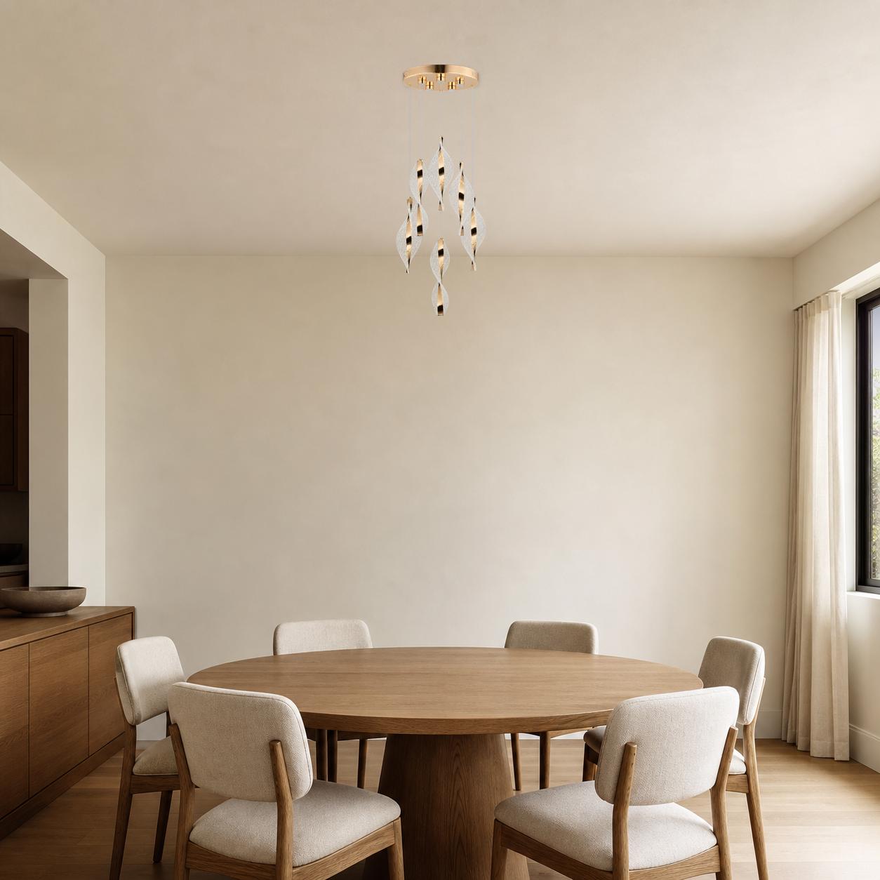 Helixa Lámpara colgante escalonada dorada de 6 luces con elementos retorcidos de textura cristalina — Luces apagadas, Estancia