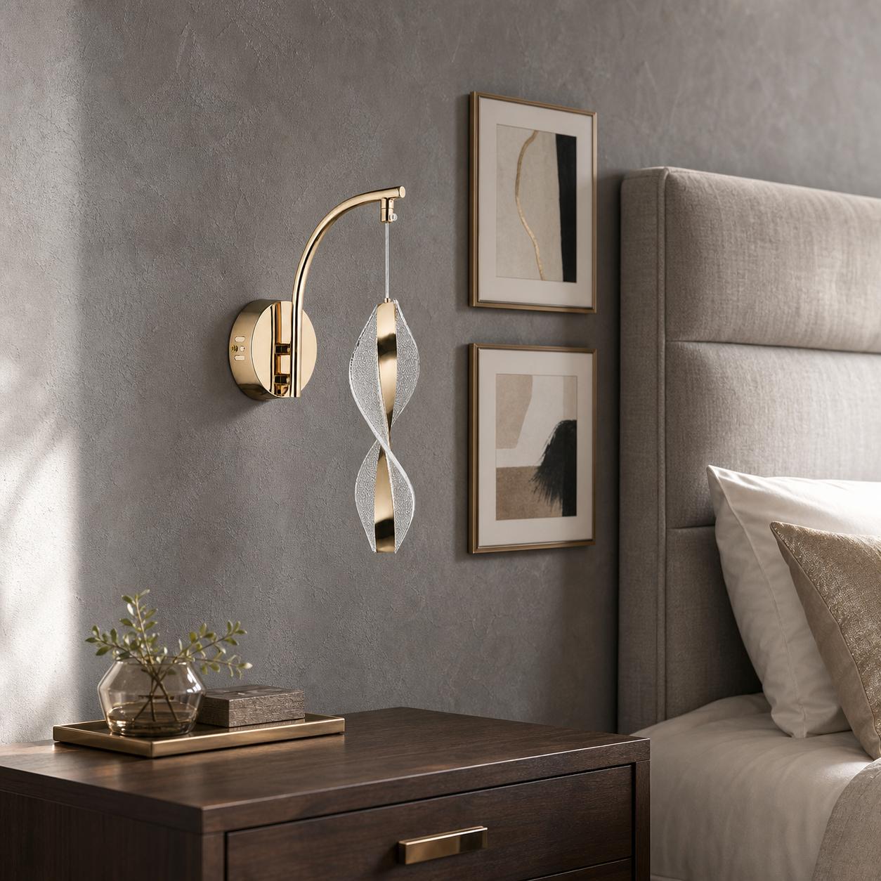 Helixa Gold Pendant Wall Light with Crystal-Textured Twisted Drop — Lights off, Room