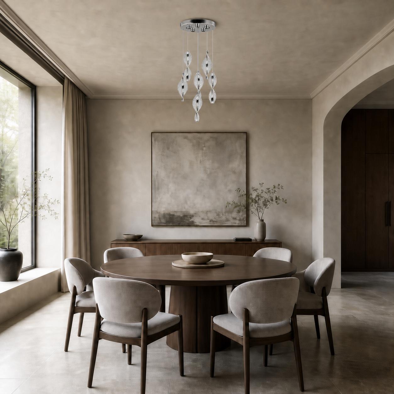 Helixa Suspension étagée chromée à 6 lumières avec éléments torsadés texturés cristal — Éclairage éteint, Pièce