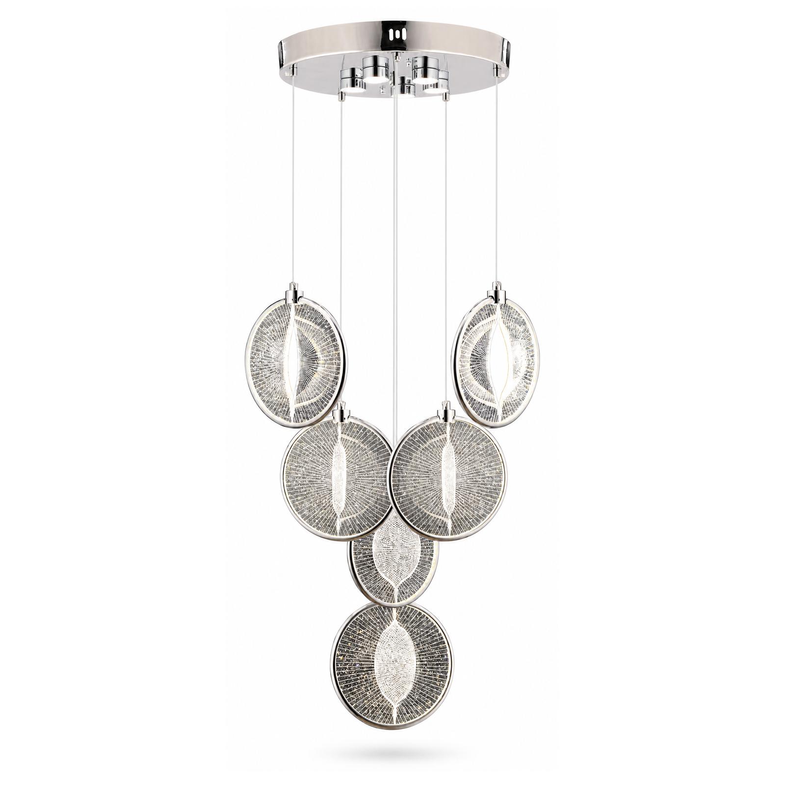 Iriselle Lámpara colgante escalonada cromada 5+1 con discos de textura cristalina — Luces encendidas, Fondo blanco