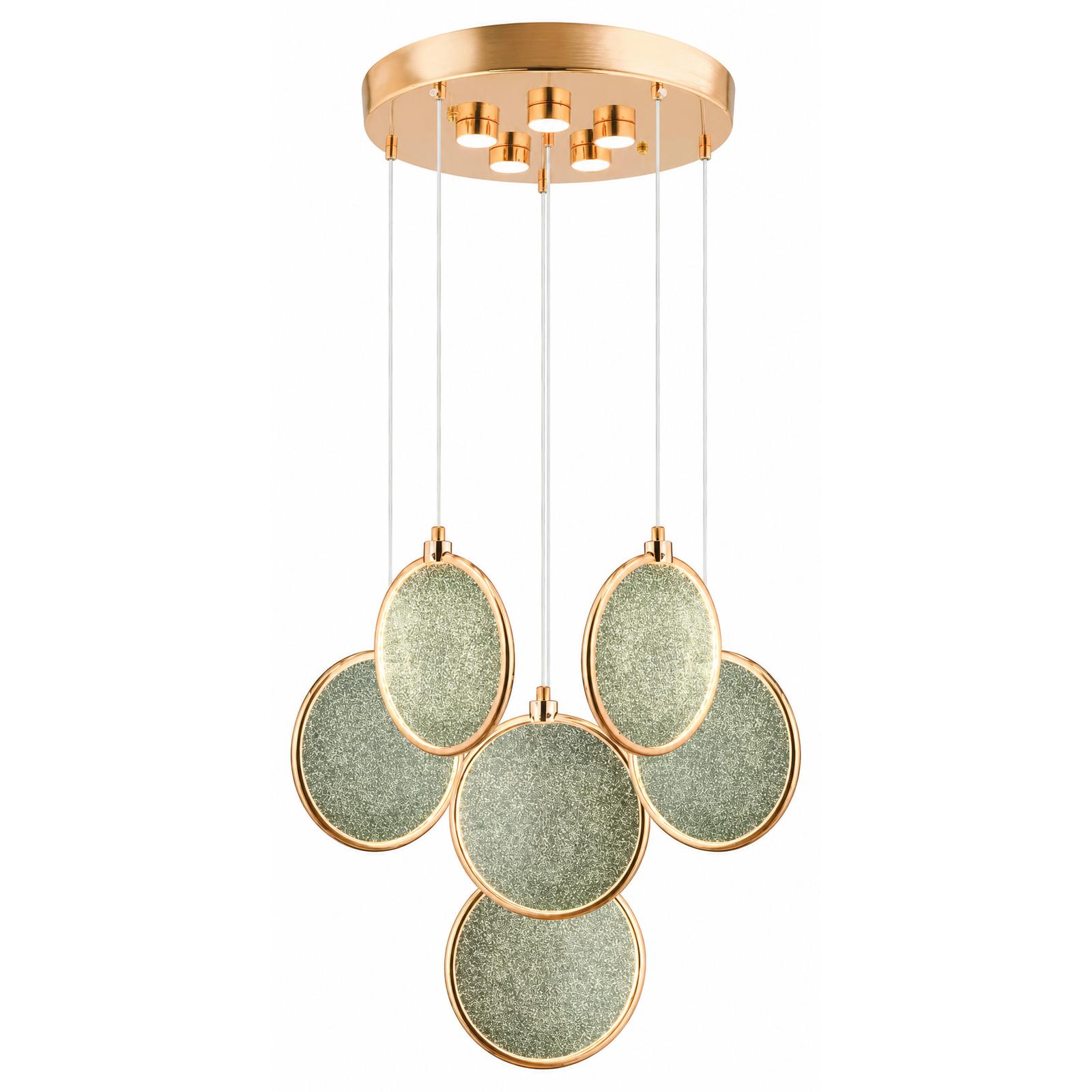 Prismelle Suspension étagée dorée à 6 lumières avec disques texturés cristal — Éclairage allumé, Fond blanc