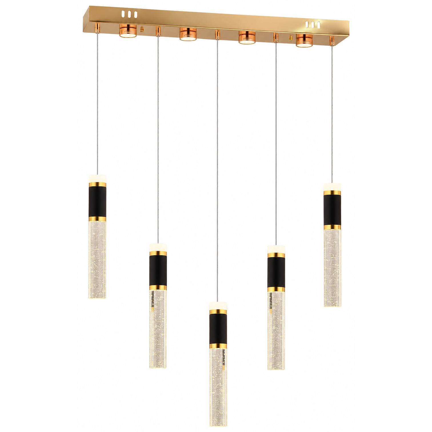 Lucentra Lámpara colgante lineal dorada y negra de 5 luces — Luces encendidas, Fondo blanco