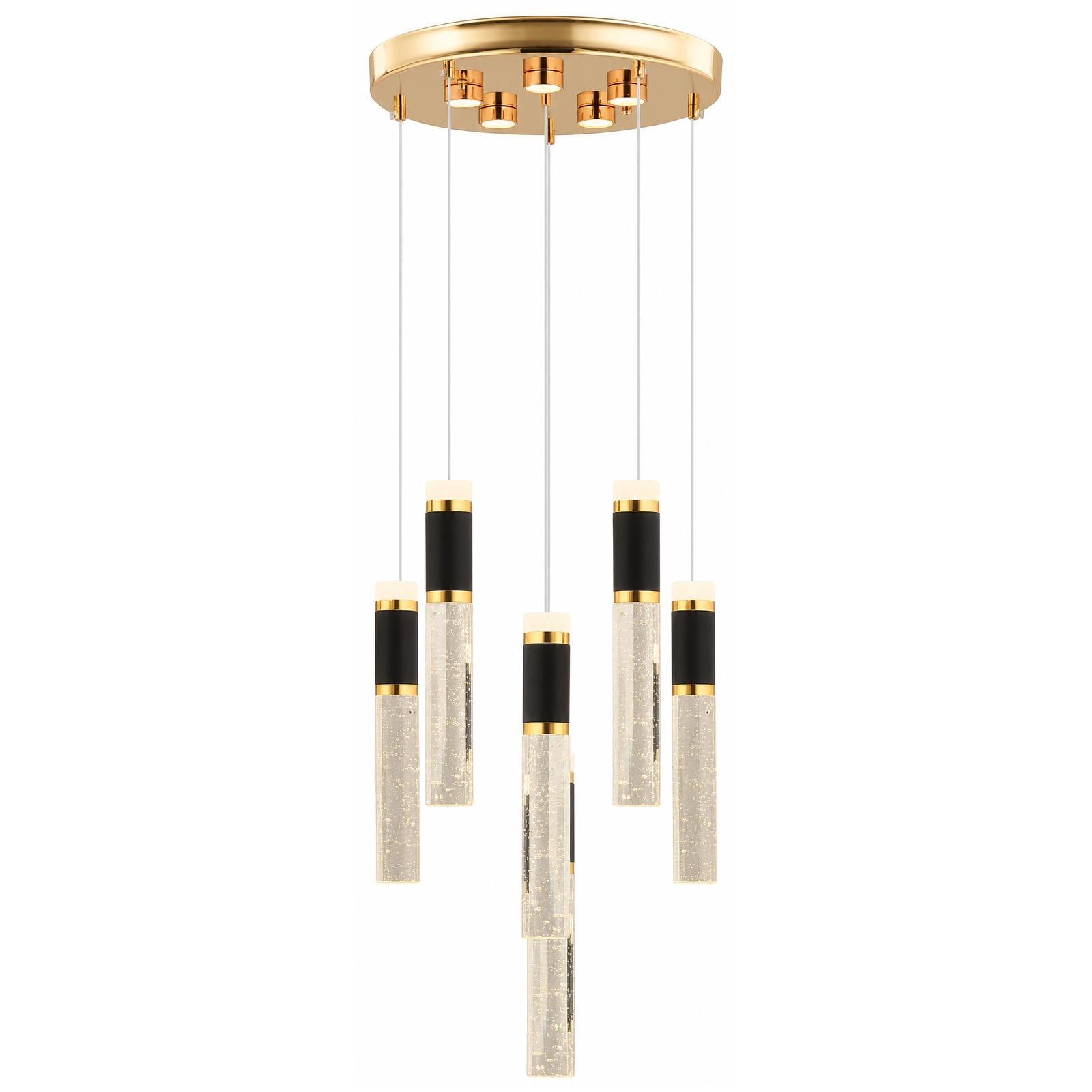 Lucentra Lámpara colgante de racimo escalonado dorada y negra de 6 luces — Luces encendidas, Fondo blanco