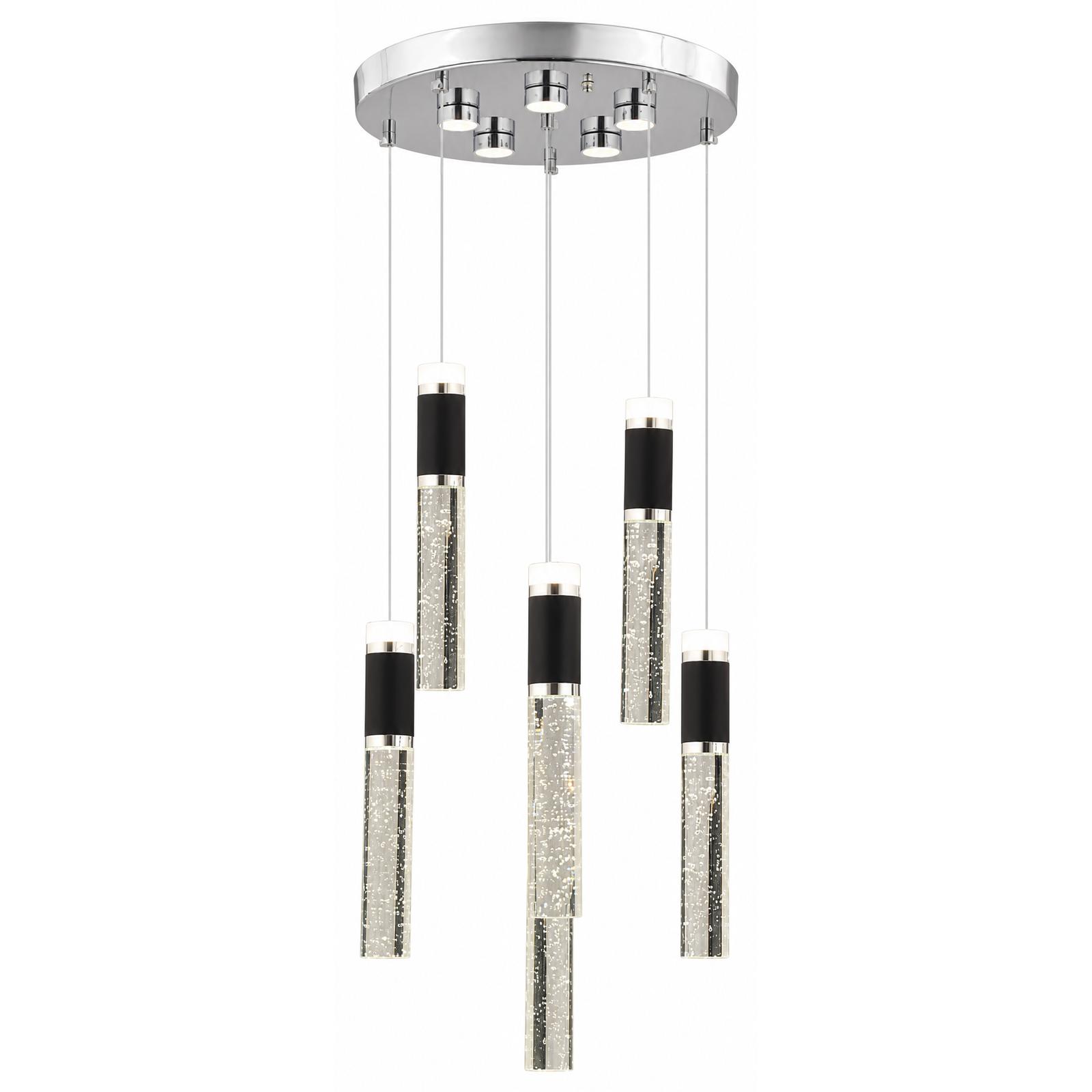 Lucentra Lámpara colgante de racimo escalonado cromada y negra de 6 luces — Luces encendidas, Fondo blanco
