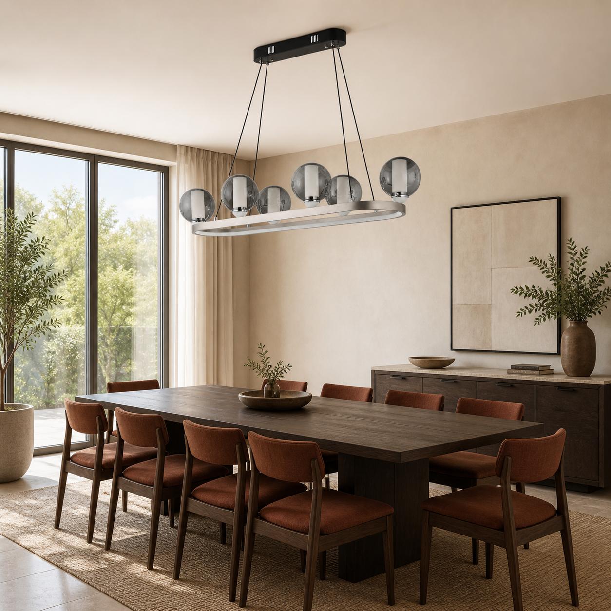 Astrella Lámpara de araña colgante lineal cromada y negra de 6 luces para mesa de comedor con globos de vidrio ahumado — Luces apagadas, Estancia