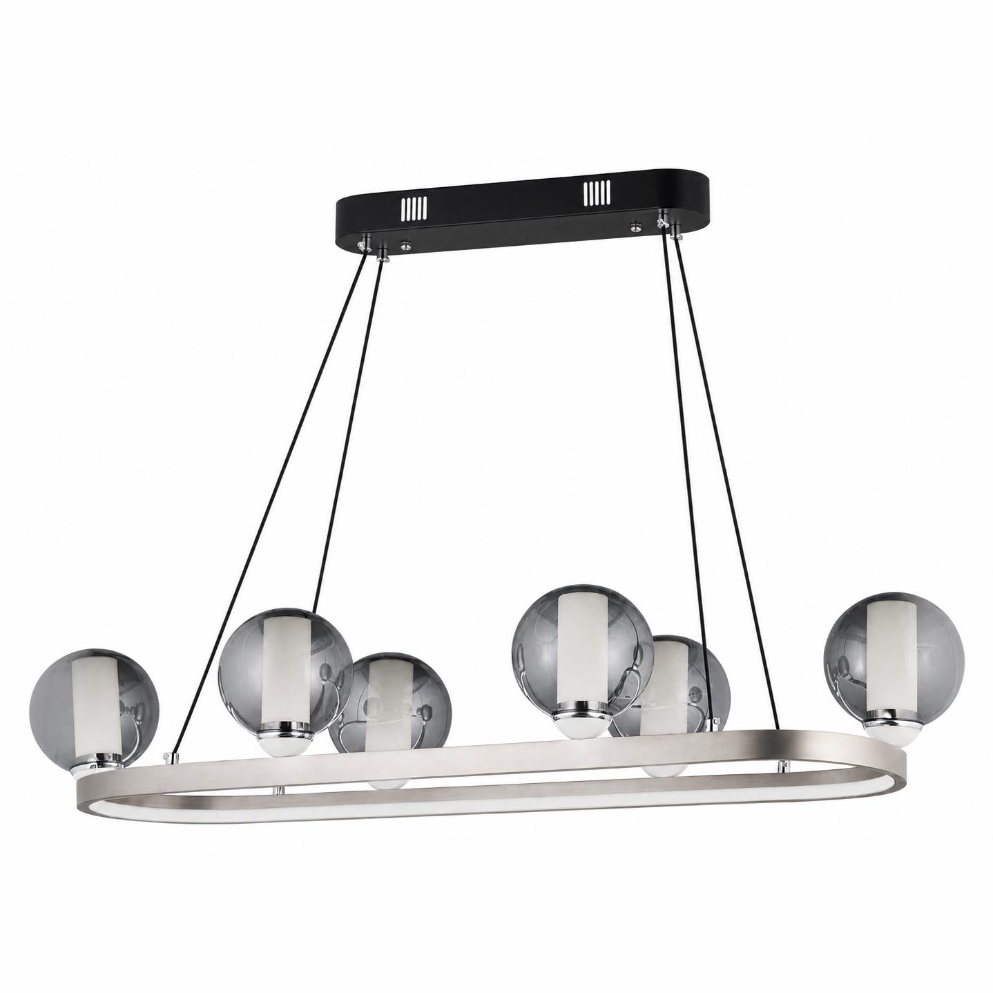 Astrella Chrome and Black 6-Light Linear Dining-Table Pendant Chandelier with Smoked-Glass Globes — Lights off, White background
