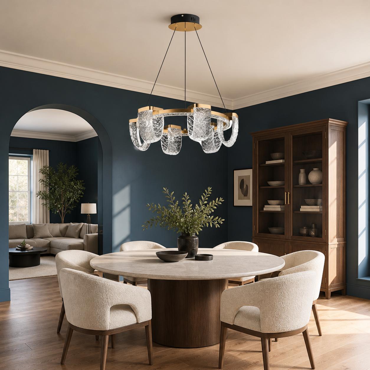 Glacielle Lámpara colgante redonda dorada de 6 luces con vidrio transparente efecto hielo — Luces apagadas, Estancia
