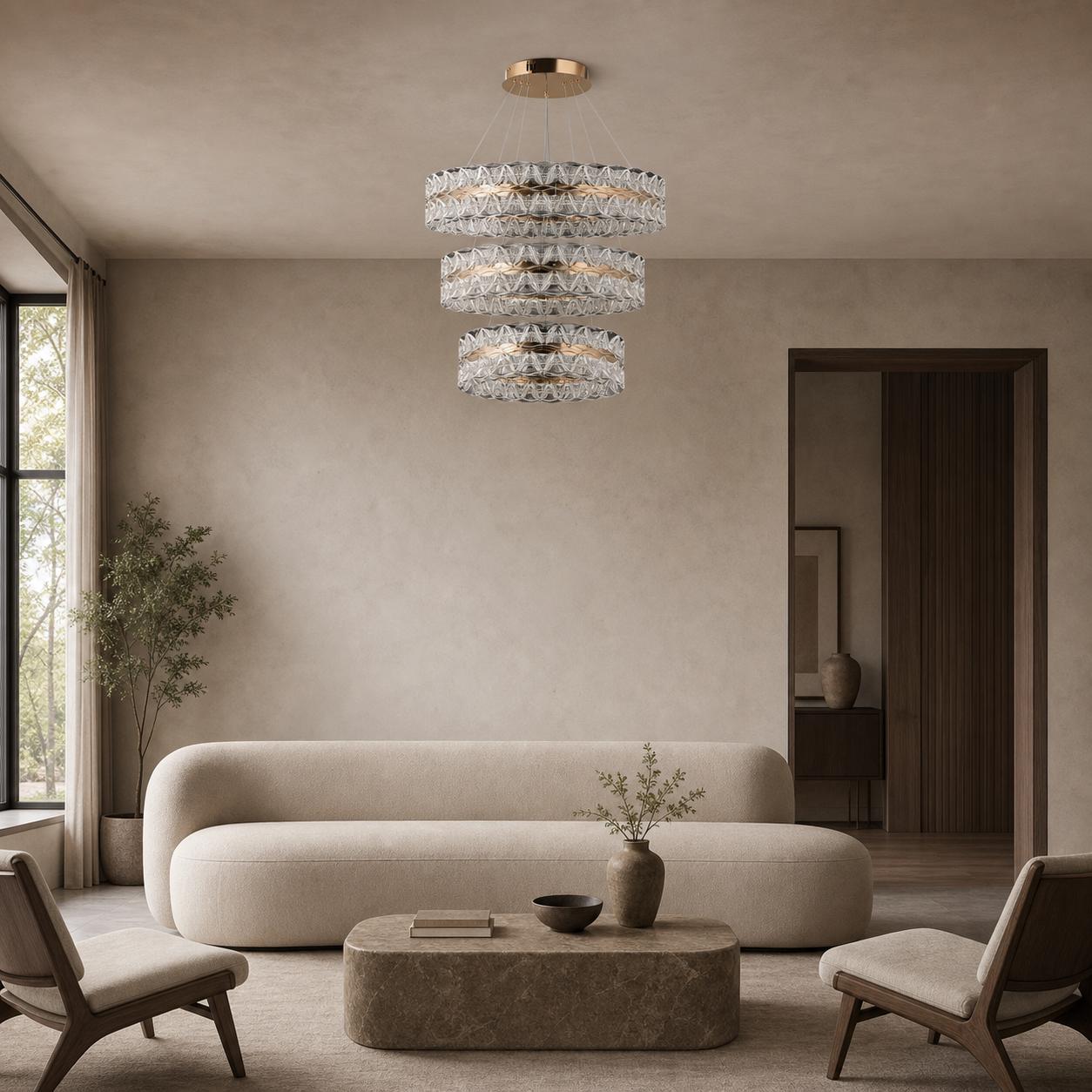 Imperique Gold Three-Tier Pendant Chandelier with Wave-Textured Crystal Rings — Lights off, Room