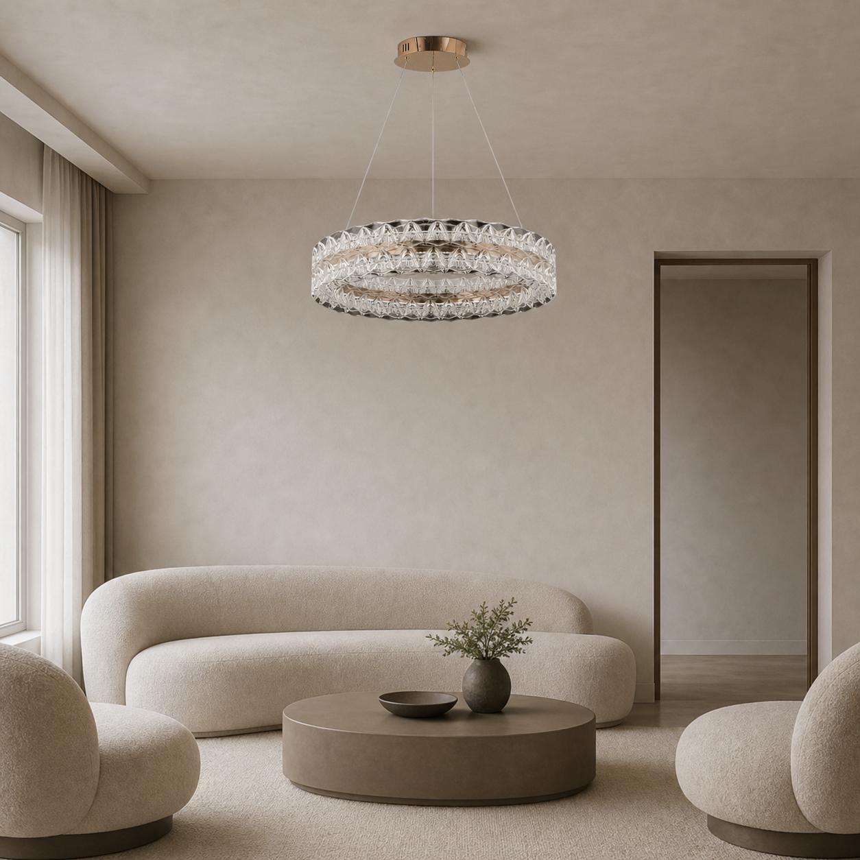 Imperique Gold 60 cm Pendant Chandelier with Wave-Textured Crystal Ring — Lights off, Room