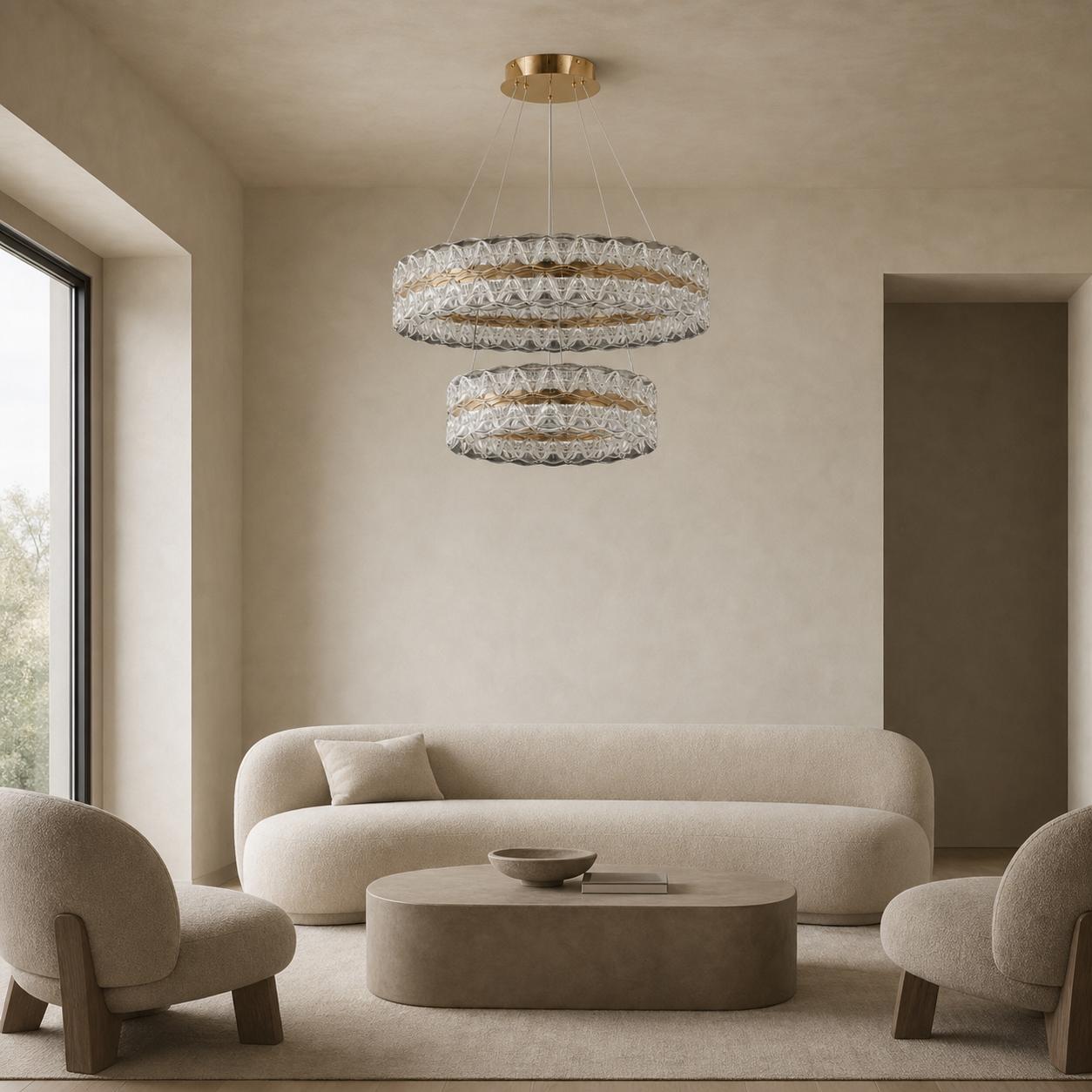 Imperique Gold Two-Tier Pendant Chandelier with Wave-Textured Crystal Rings — Lights off, Room