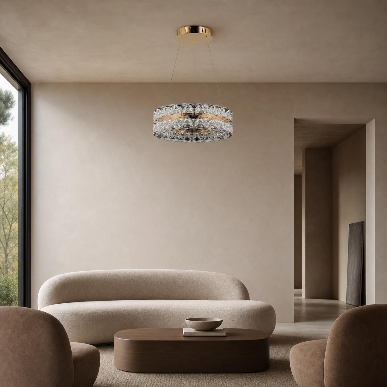 Imperique Gold 40 cm Pendant Chandelier with Wave-Textured Crystal Ring — Lights off, Room