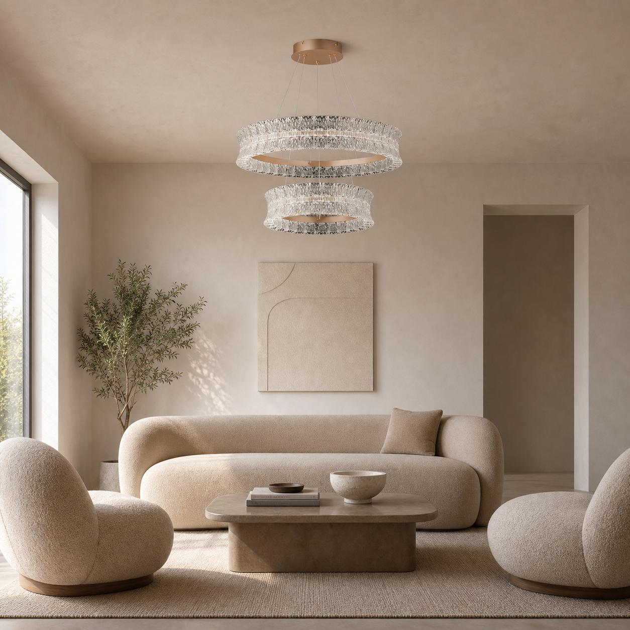 Imperique Lámpara colgante color cobre de dos niveles con anillos de cristal en relieve — Luces apagadas, Estancia