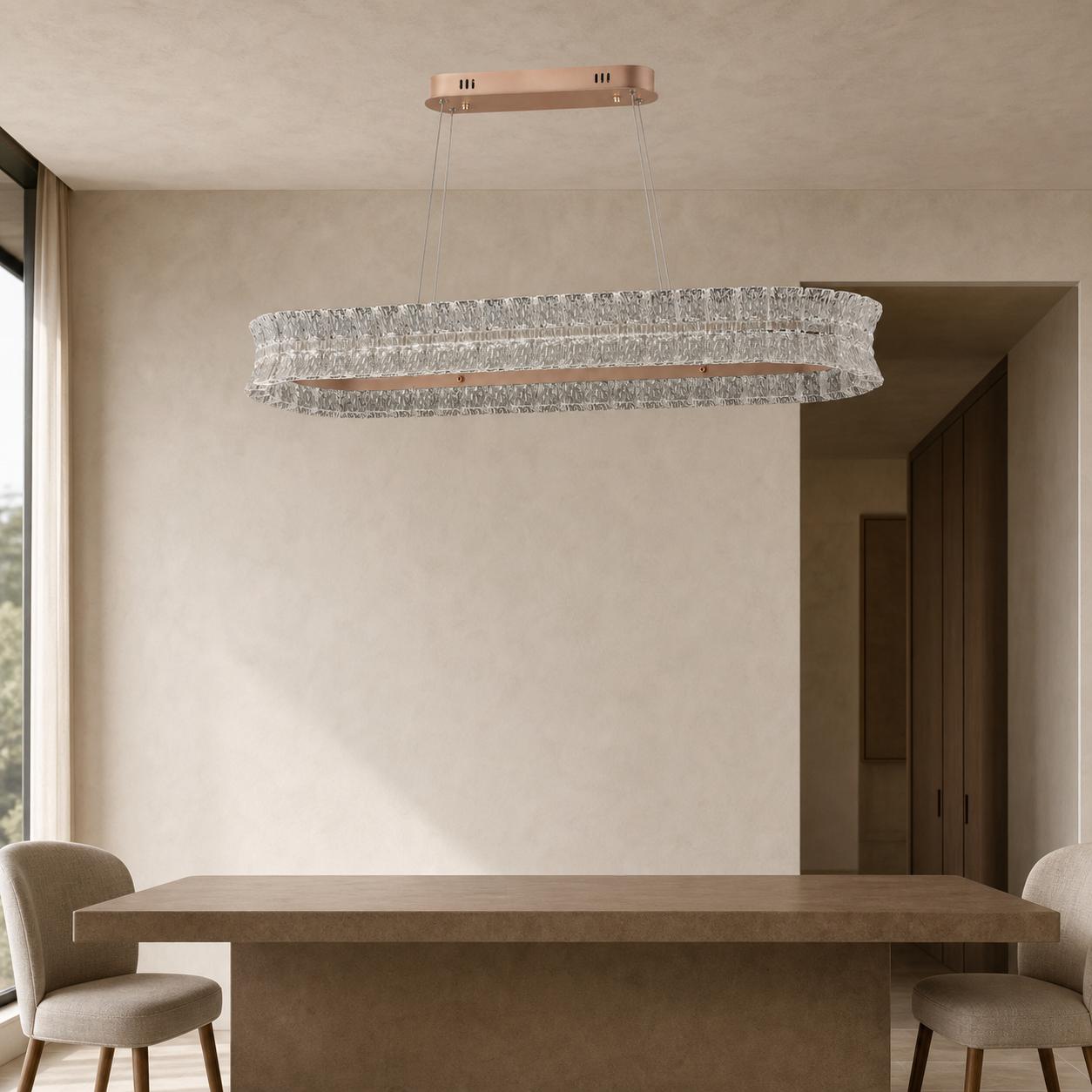 Imperique Copper Linear Dining Pendant Chandelier with Embossed Crystal Ring — Lights off, Room