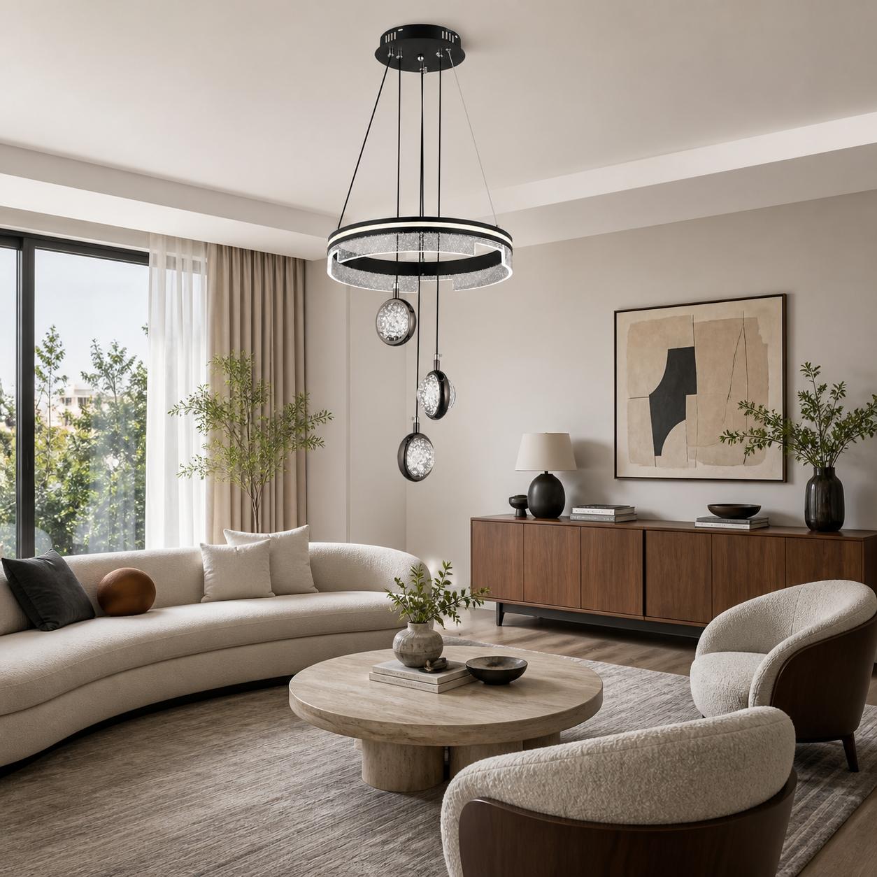 Orbita Black Three-Light Ring Pendant Chandelier — Lights off, Room