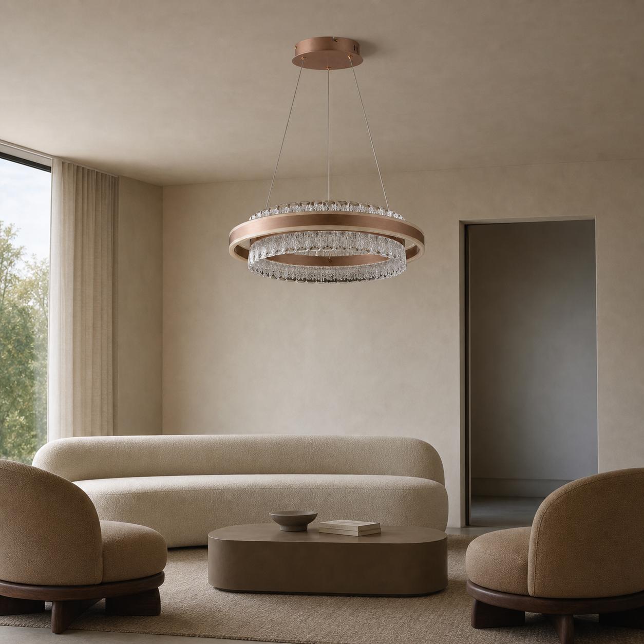Imperique Lustre suspendu annulaire cuivré à frange de cristal — Éclairage éteint, Pièce