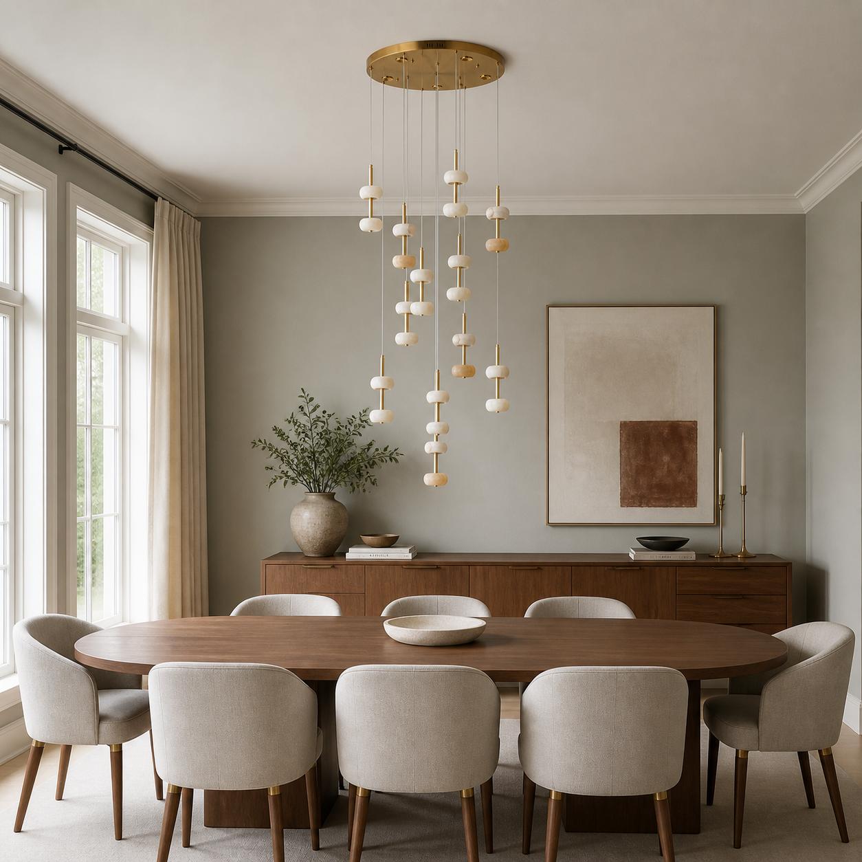 Alvara Antique Brass 12-Light Marble Cluster Pendant Chandelier — Lights off, Room