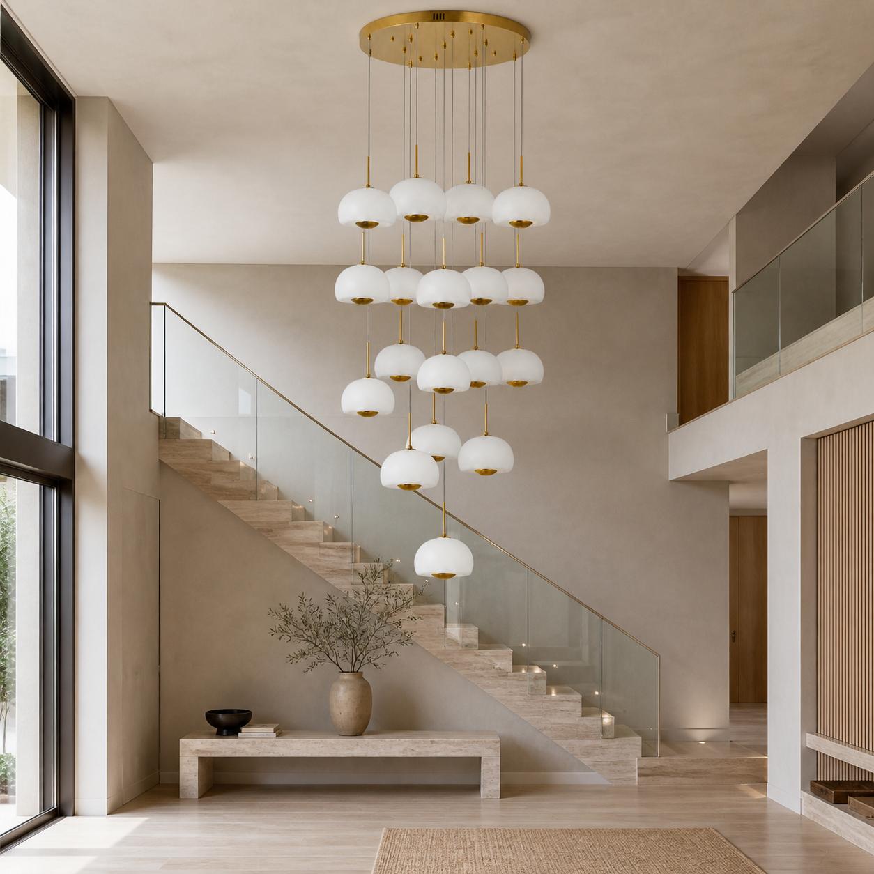 Lunora Gold 18-Light Tiered Opal Glass Cluster Pendant Chandelier — Lights off, Room