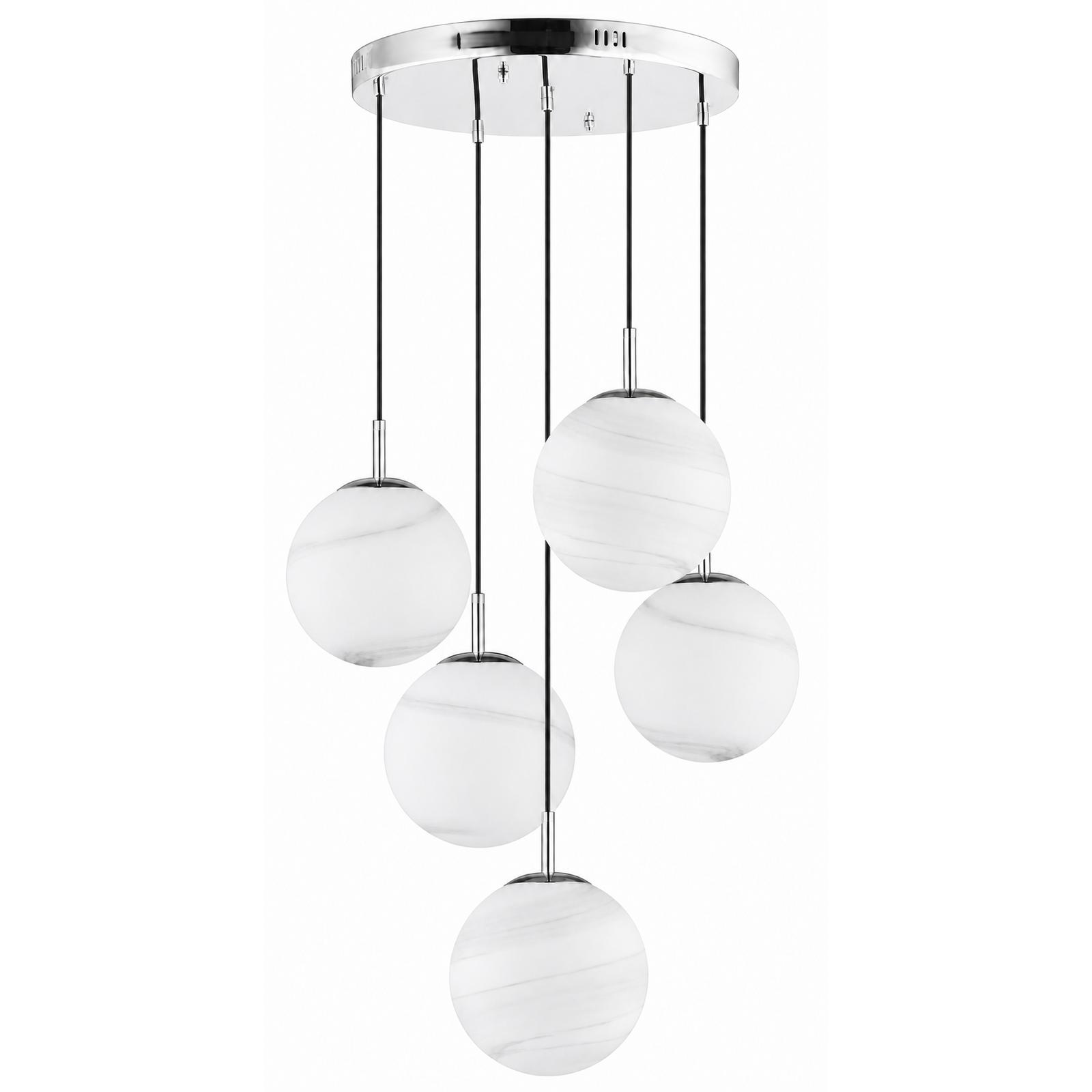 Marmelle Verchromte runde 5-flammige Cluster-Pendelleuchte aus weißem Glas in Marmoroptik — Licht aus, Weißer Hintergrund
