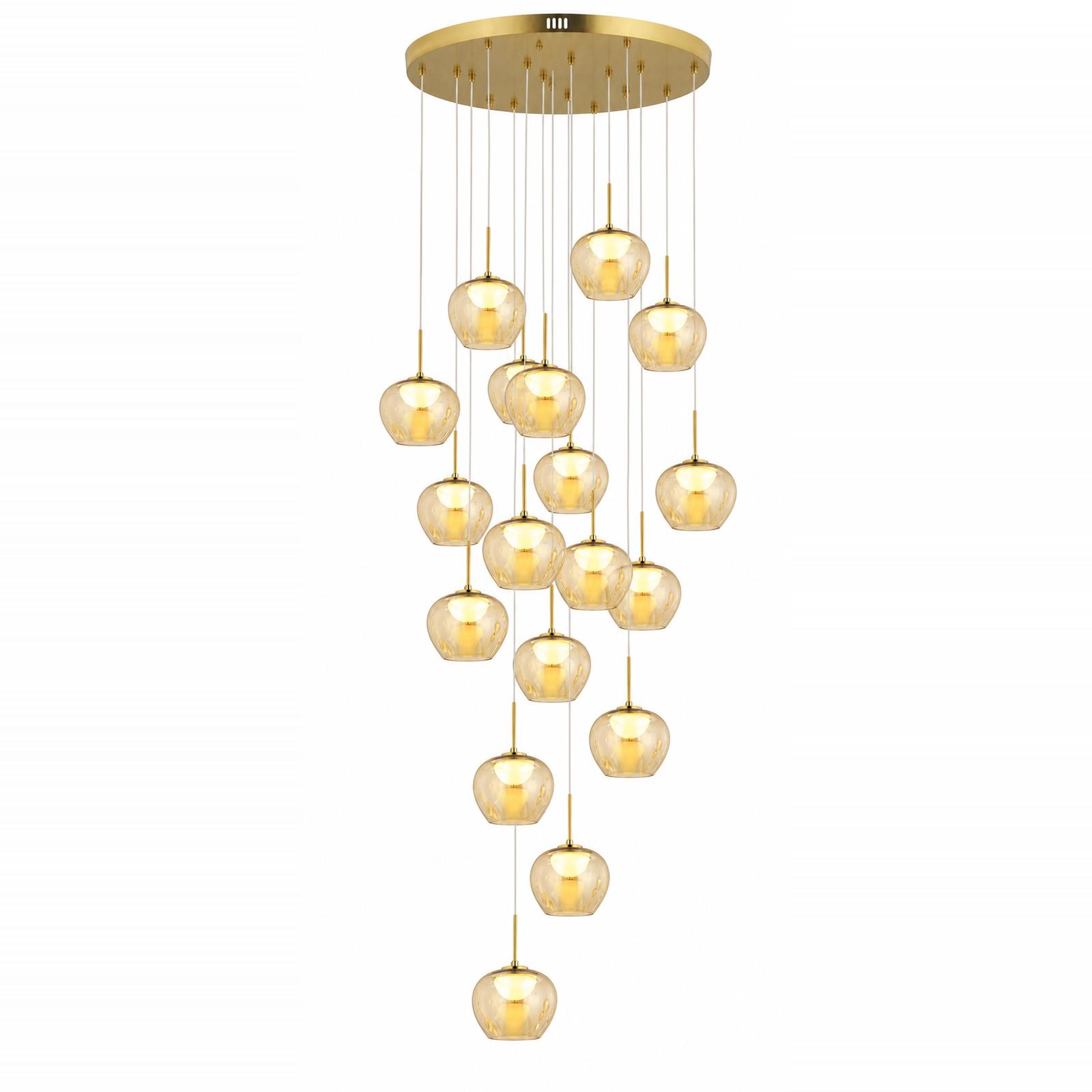 Solenne 18-flammige gestufte Cluster-Pendelleuchte aus bernsteinfarbenem Glas in Antikmessing — Licht an, Weißer Hintergrund