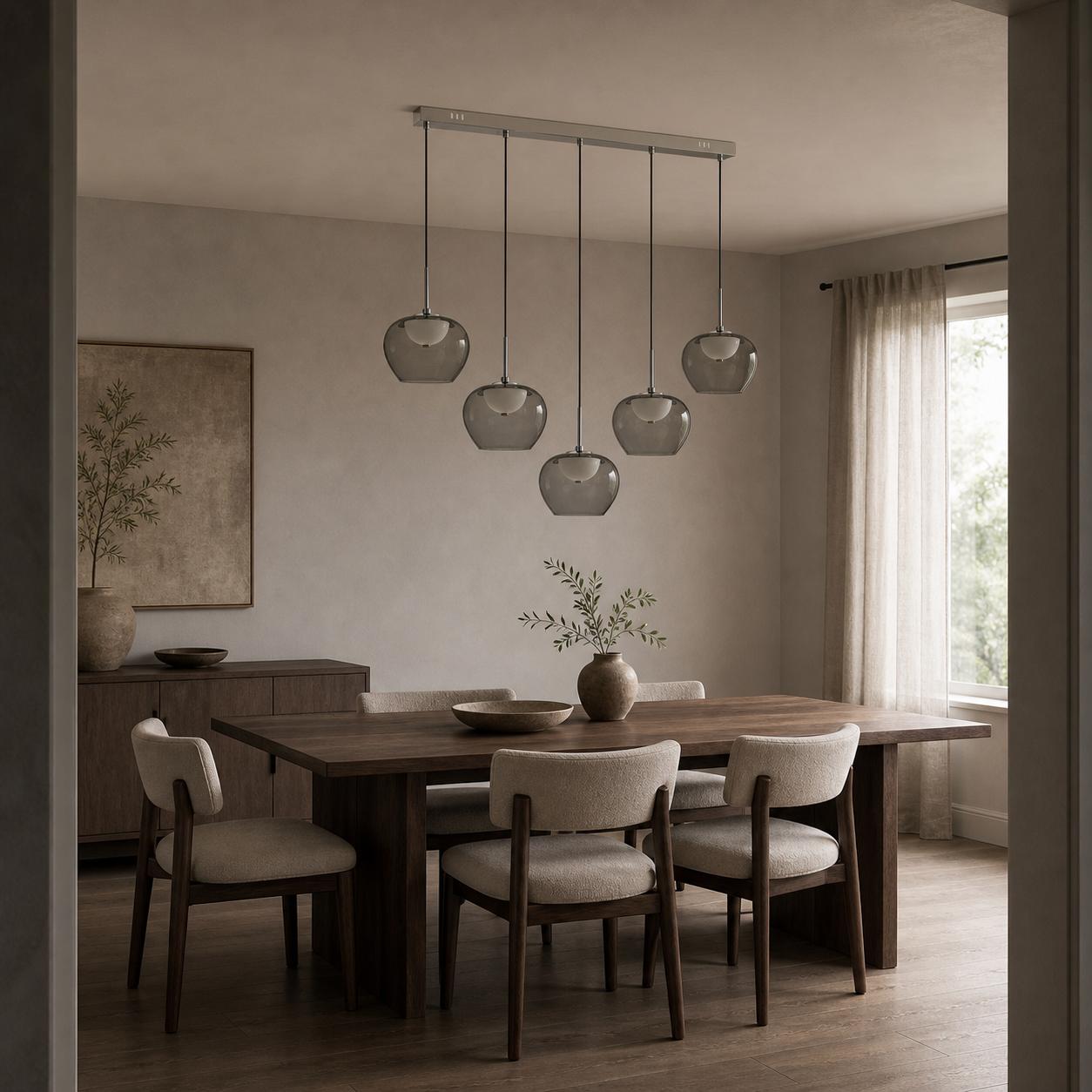 Solenne Chrome 5-Light Linear Smoked Glass Pendant — Lights off, Room