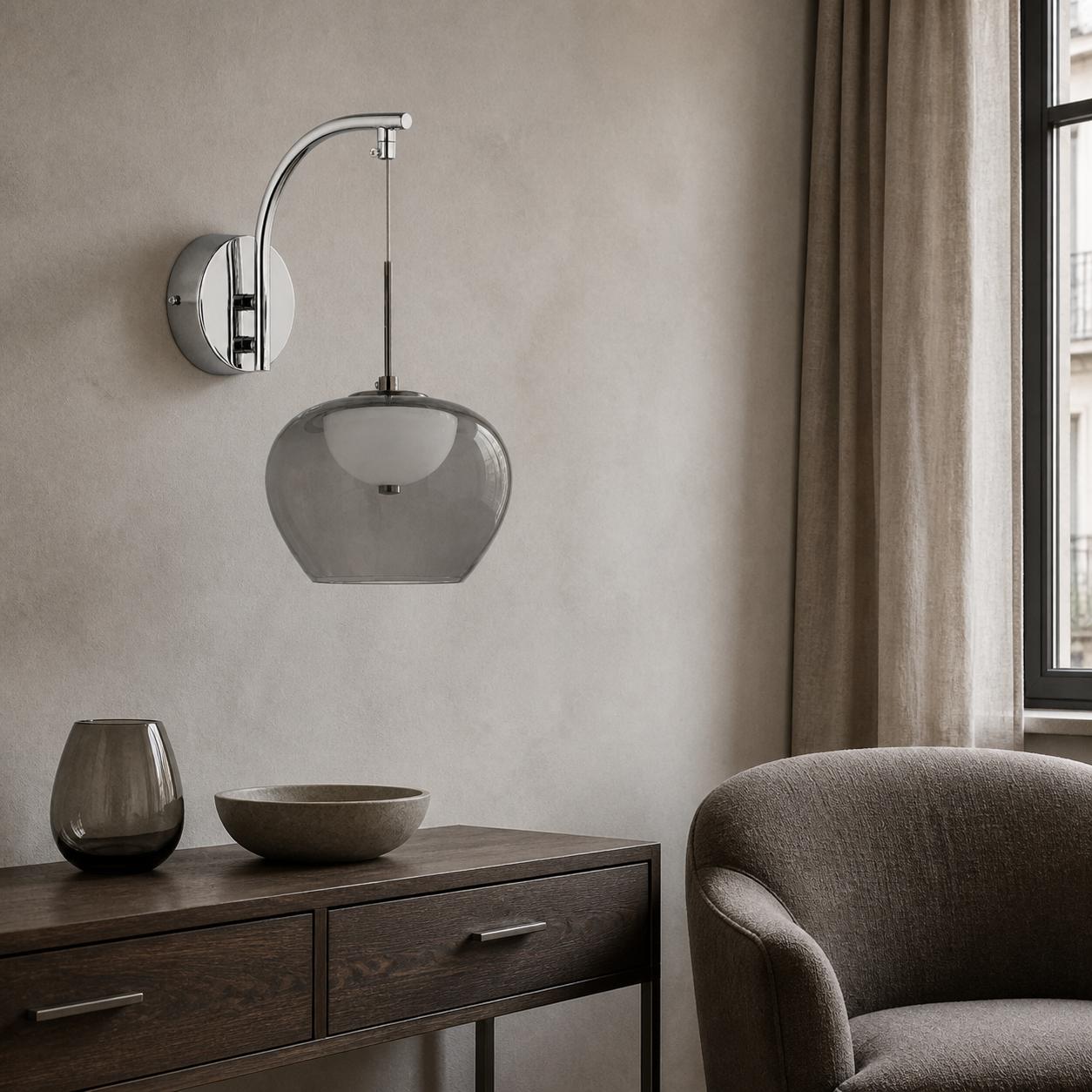 Solenne Chrome Smoked Glass Wall Light — Lights off, Room