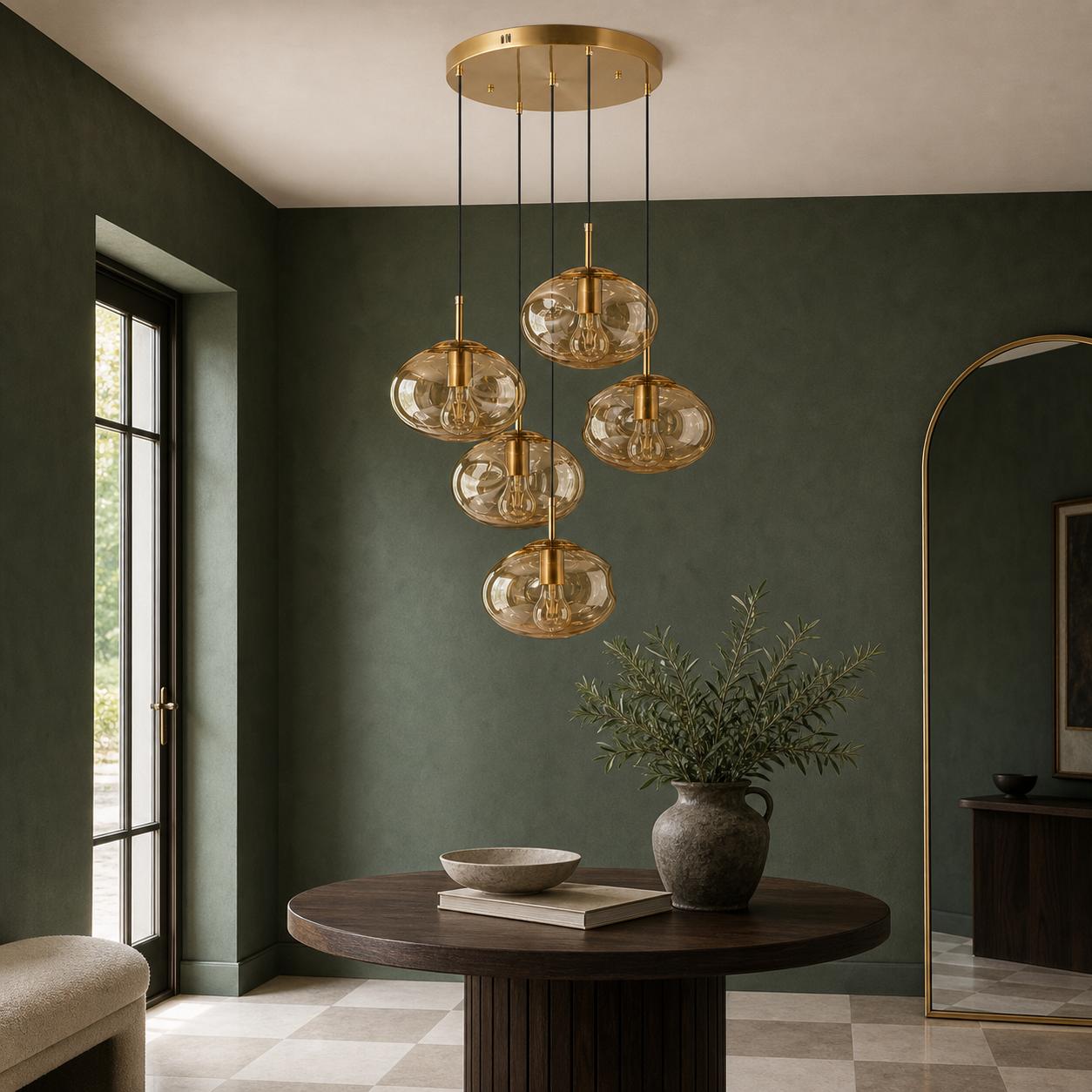 Virelle Antique Brass 5-Light Round Amber-Glass Cluster Chandelier — Lights off, Room