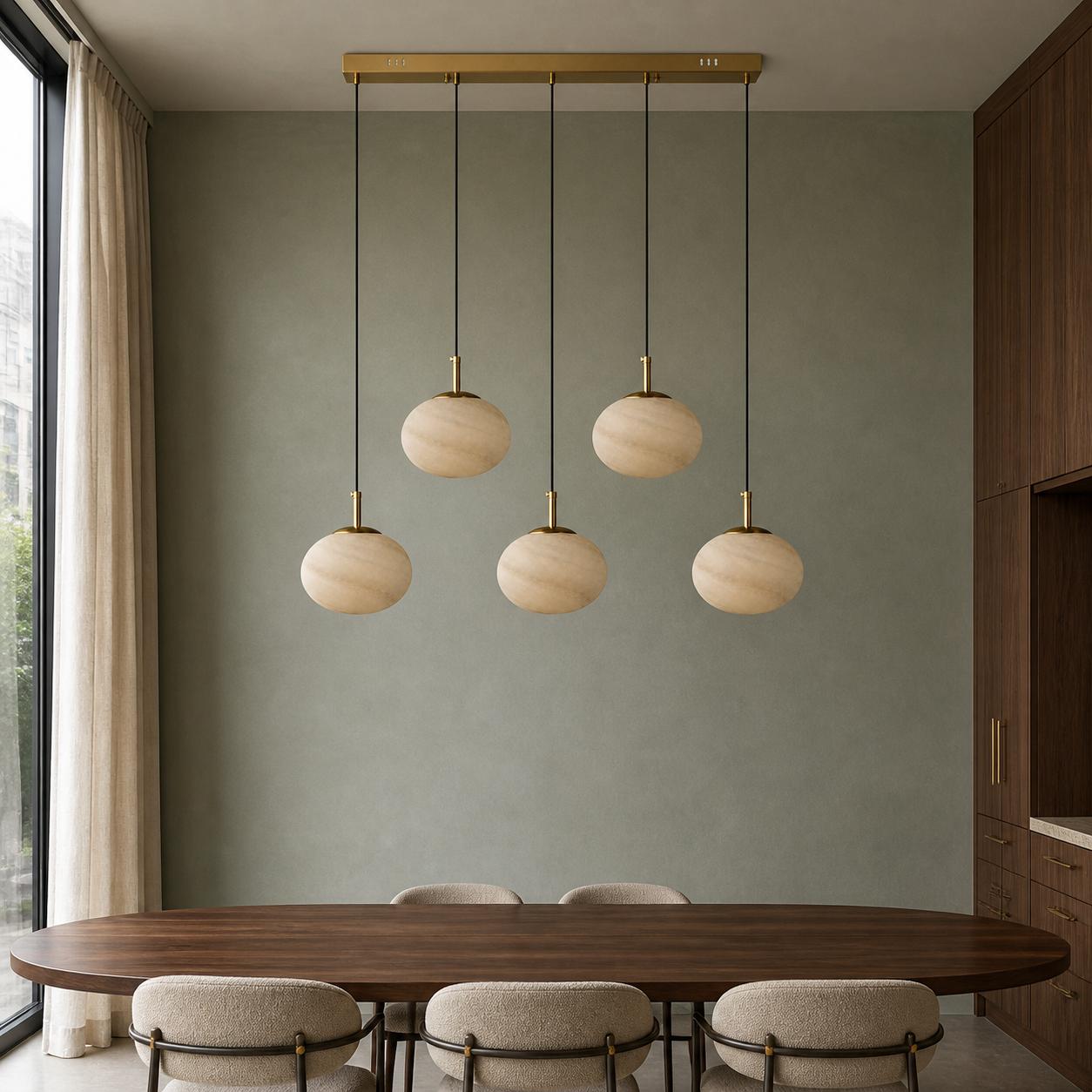 Marmelle Antique Brass 5-Light Linear Beige-Glass Pendant Chandelier — Lights off, Room