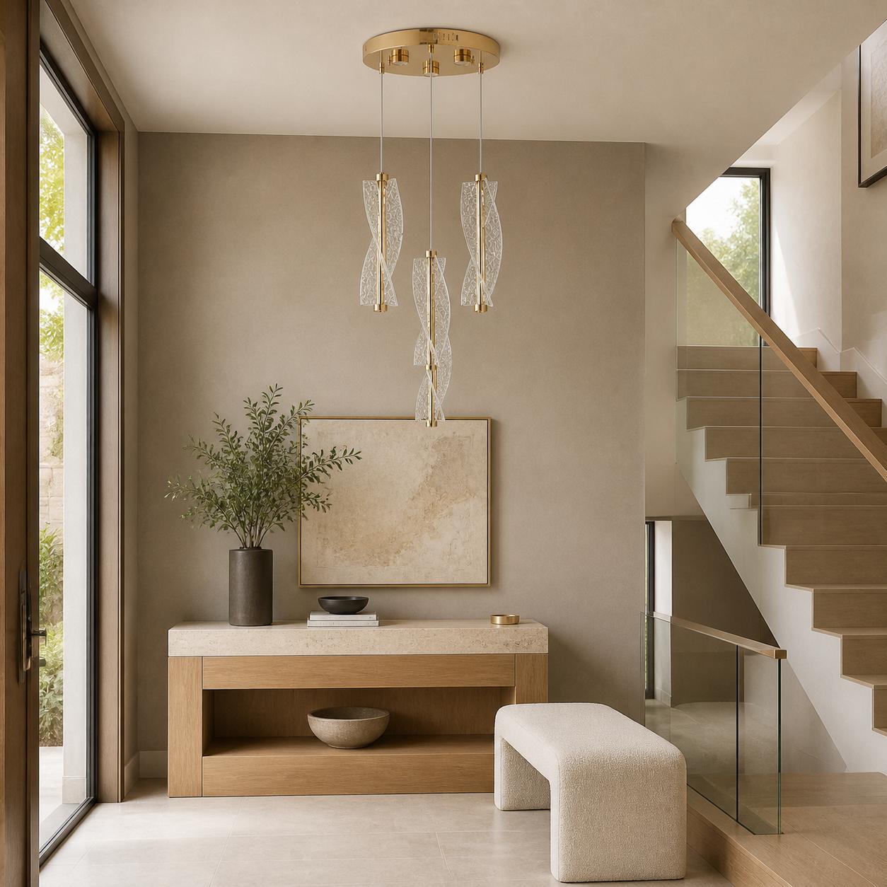 Aeralis Lámpara colgante redonda dorada de 4 luces con alas retorcidas de textura cristalina — Luces apagadas, Estancia