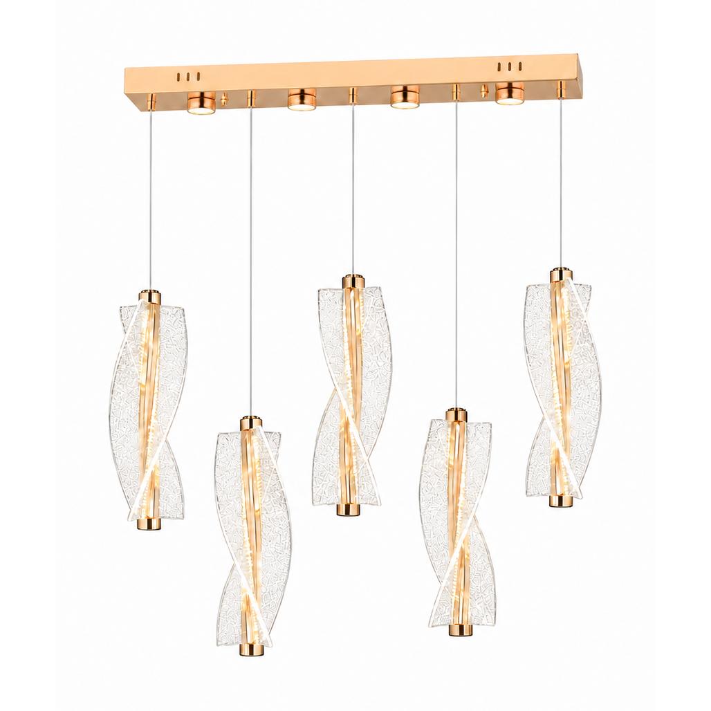 Aeralis Lámpara colgante lineal dorada de 5 luces con alas retorcidas de textura cristalina — Luces encendidas, Fondo blanco