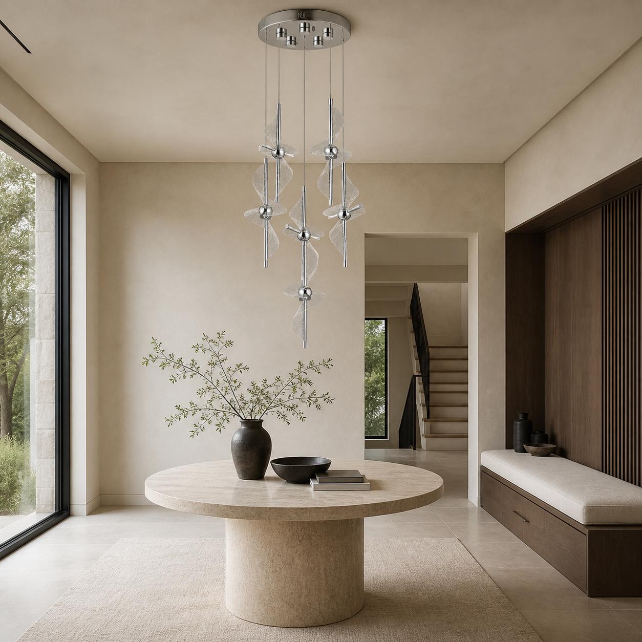 Heliora Suspension ronde chromée à 6 lumières et rubans spiralés — Éclairage éteint, Pièce