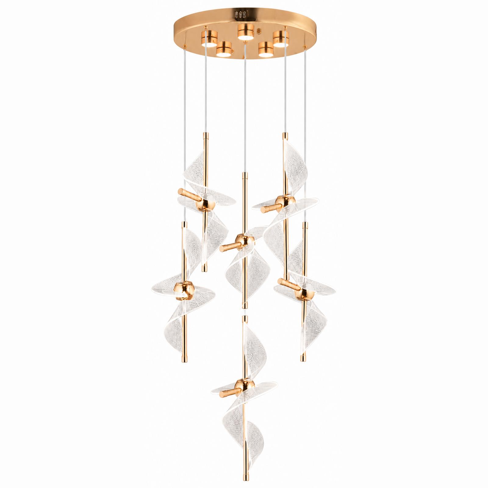 Heliora Gold 6-Light Round Spiral-Ribbon Chandelier — Lights on, White background
