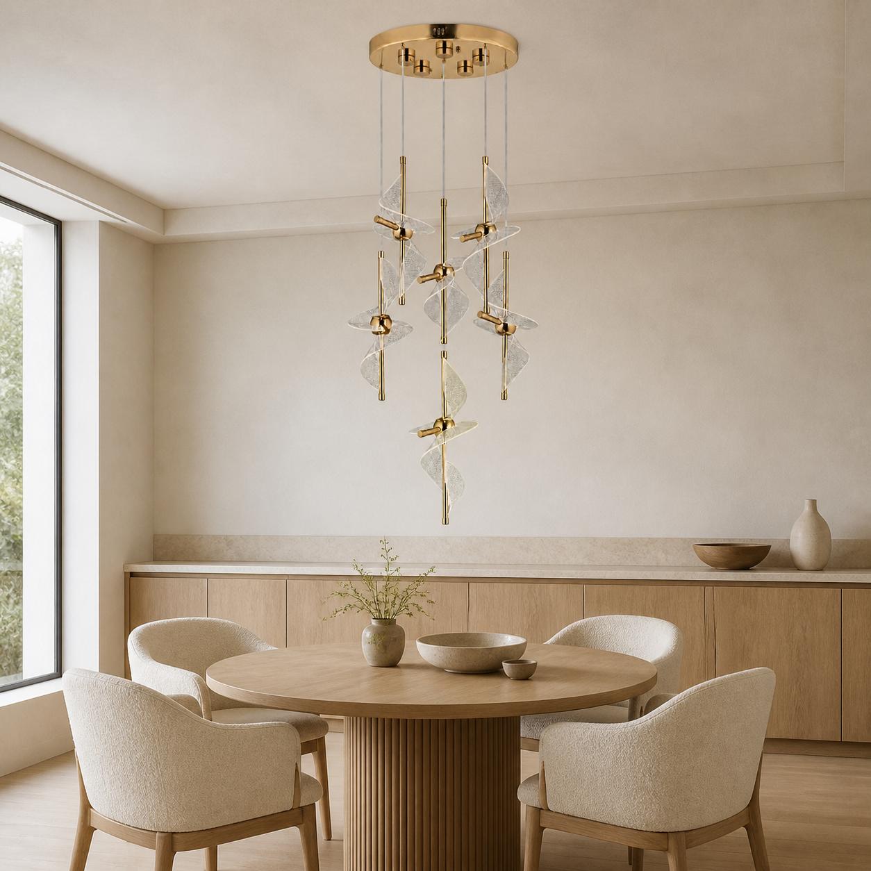 Heliora Gold 6-Light Round Spiral-Ribbon Chandelier — Lights off, Room