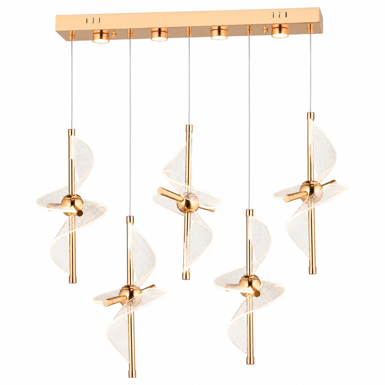 Heliora Suspension linéaire dorée à 5 lumières et rubans spiralés — Éclairage allumé, Fond blanc