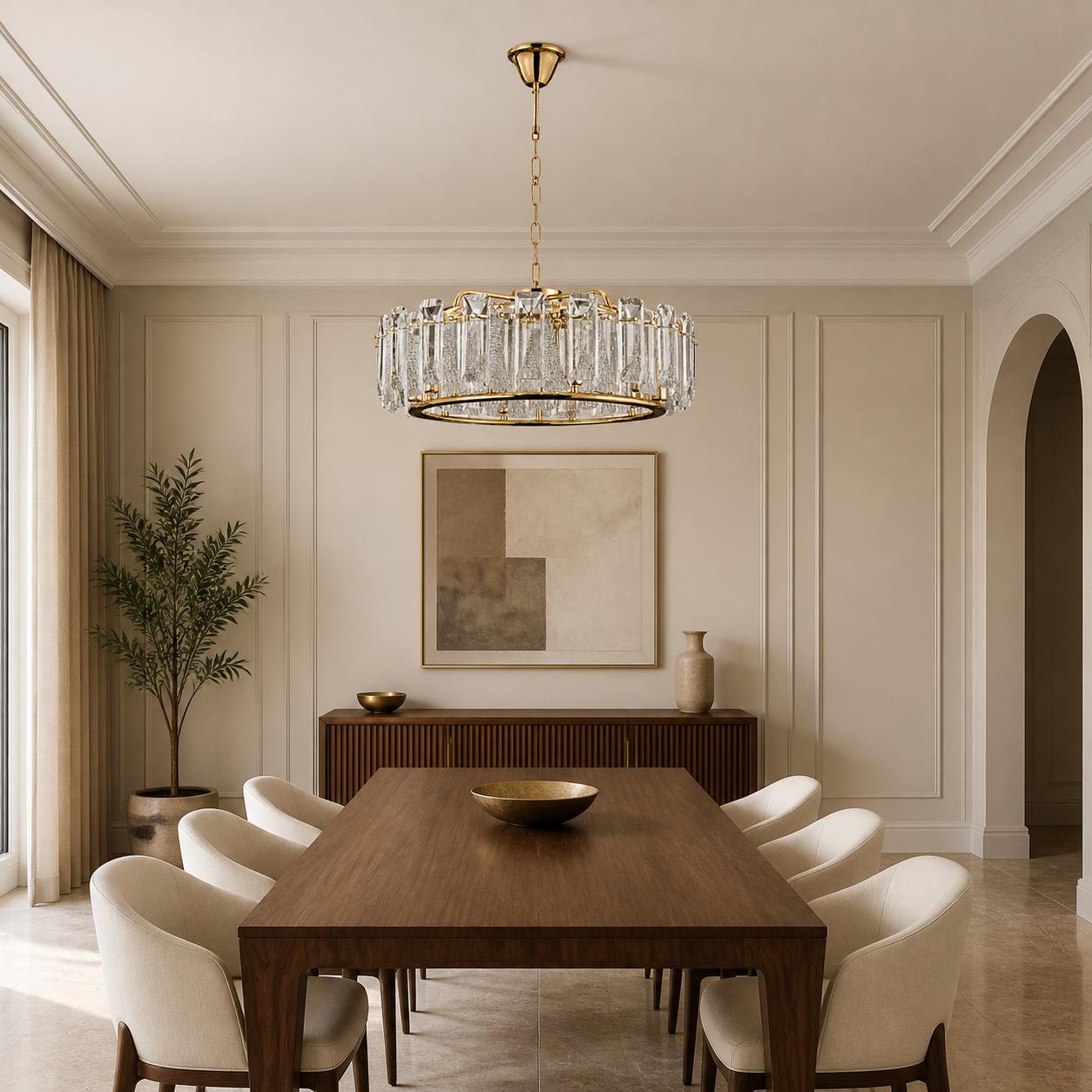 Vitrava Gold Round Pendant Chandelier with K9 Crystal Blocks — Lights off, Room