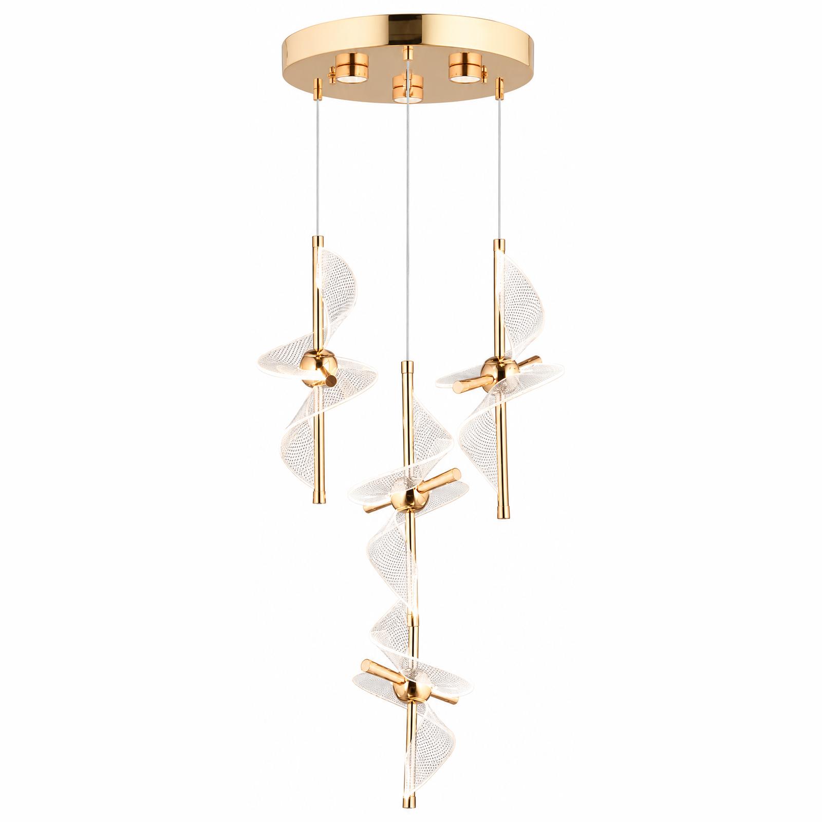Heliora Gold 4-Light Round Spiral-Ribbon Chandelier — Lights on, White background