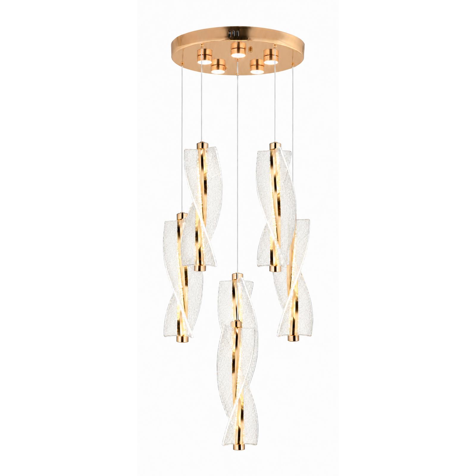 Aeralis Gold 6-Light Round Twisted-Wing Pendant Chandelier with Crystal Texture — Lights on, White background