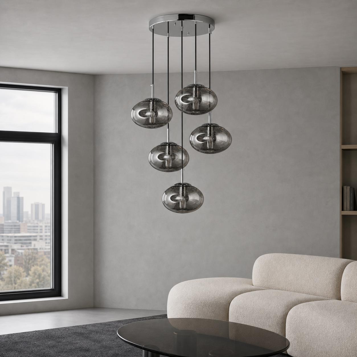 Virelle Lámpara colgante redonda cromada de 5 luces en vidrio ahumado — Luces apagadas, Estancia
