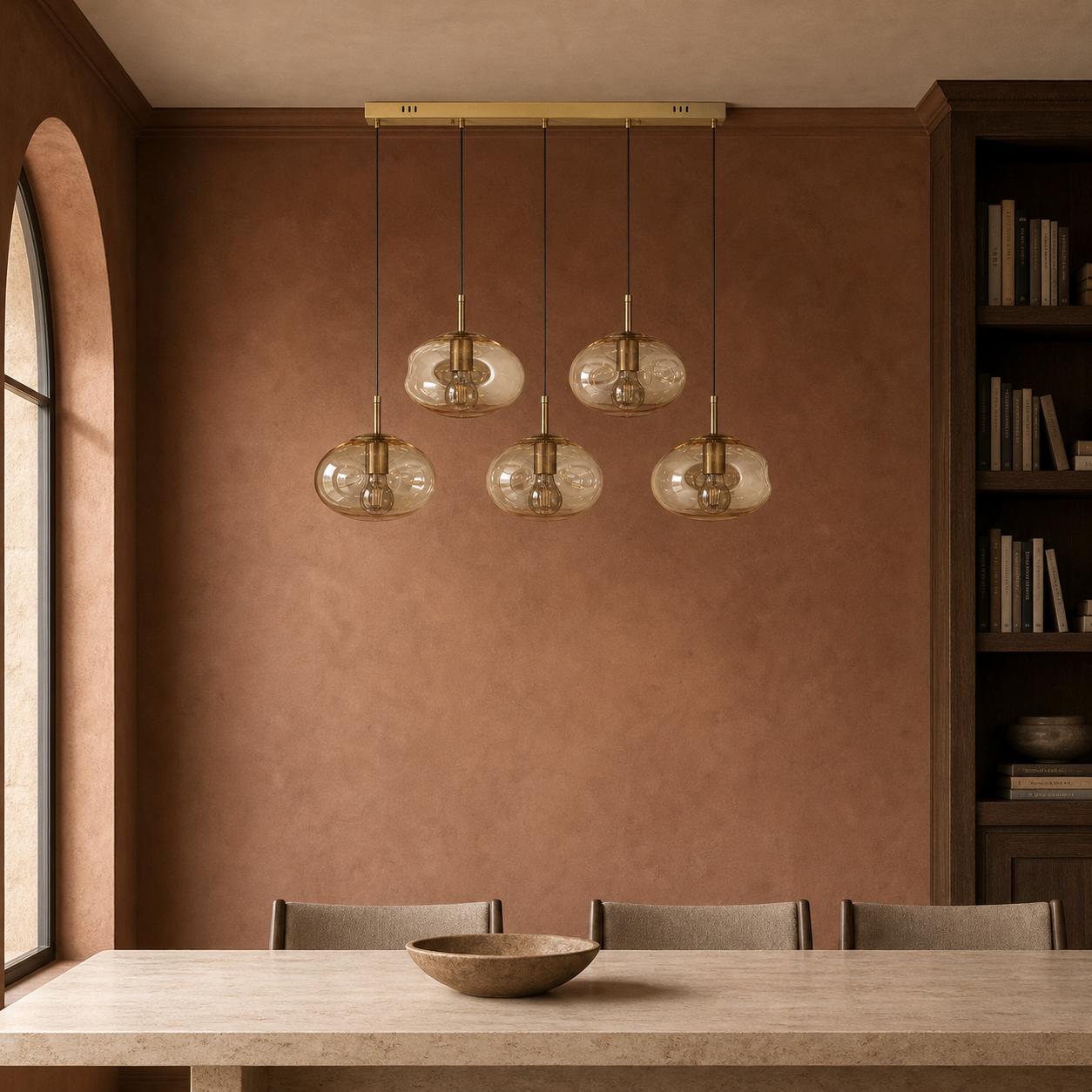 Virelle Antique Brass 5-Light Linear Amber-Glass Chandelier — Lights off, Room