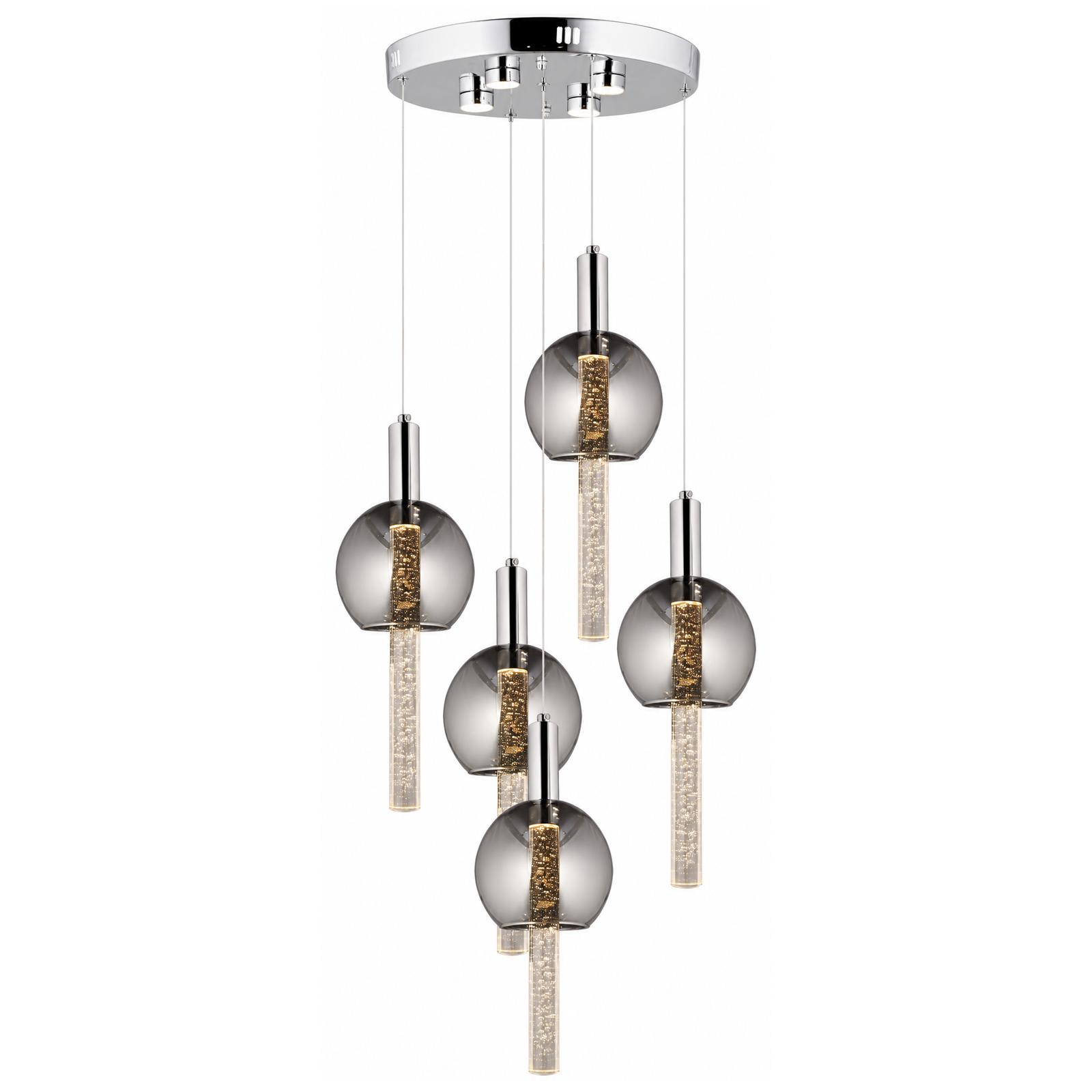 Caelora Suspension grappe ronde chromée à 5 lumières — Éclairage allumé, Fond blanc