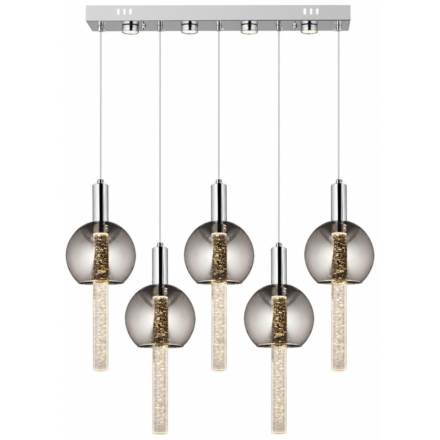 Caelora Suspension linéaire chromée à 5 lumières — Éclairage allumé, Fond blanc