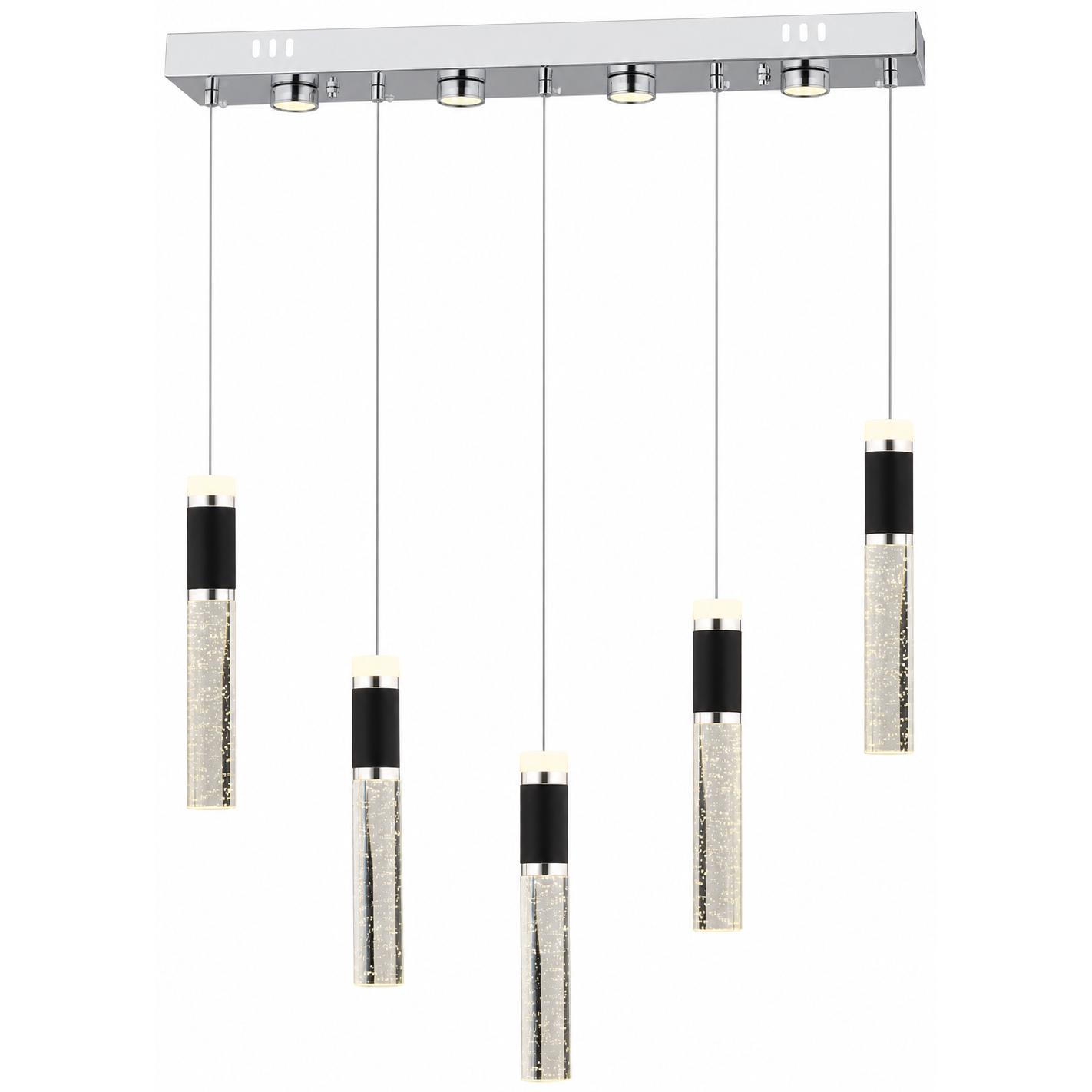 Lucentra Chrome and Black 5-Light Linear Chandelier — Lights on, White background