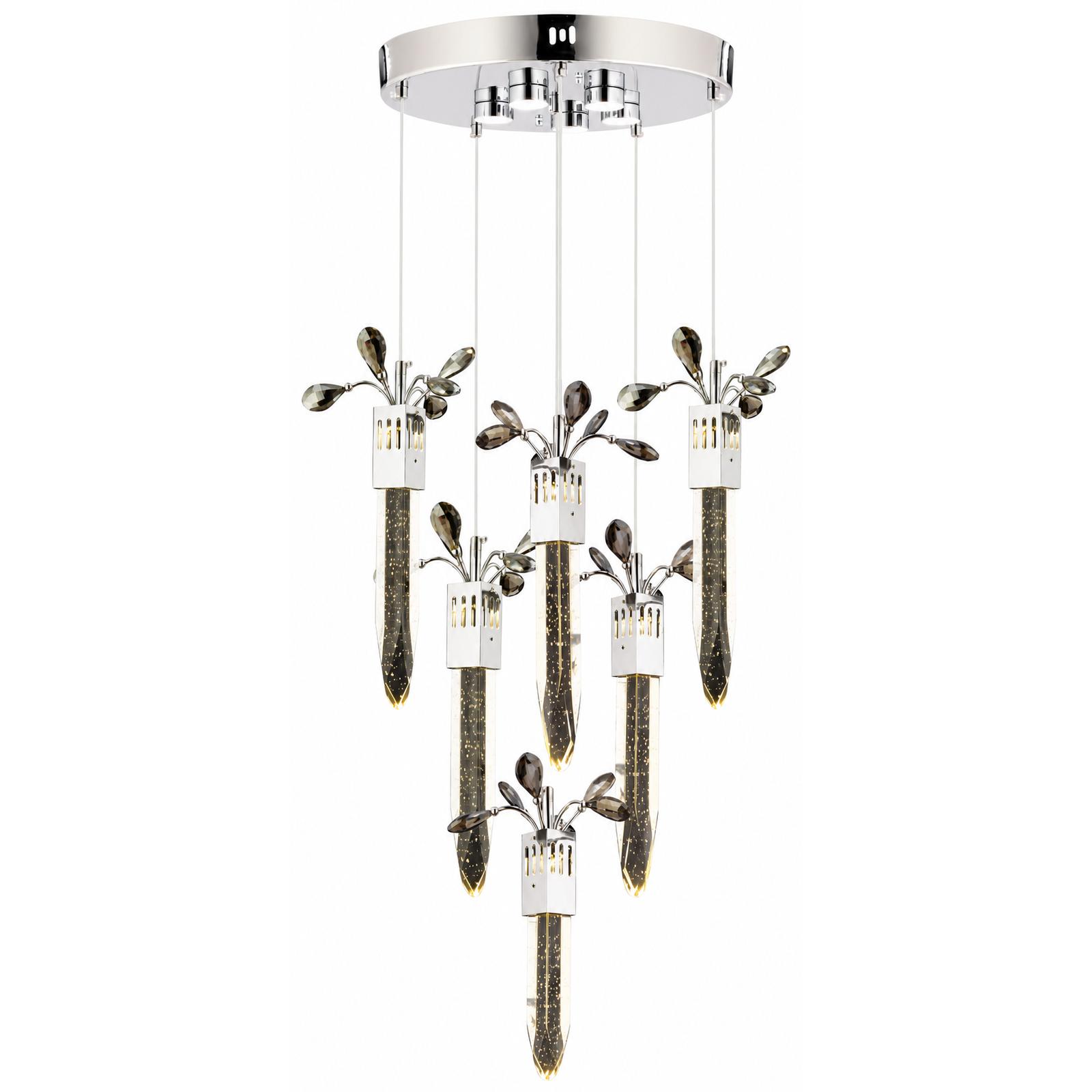 Foliara Suspension grappe étagée chromée à 6 lumières et feuilles de cristal — Éclairage allumé, Fond blanc