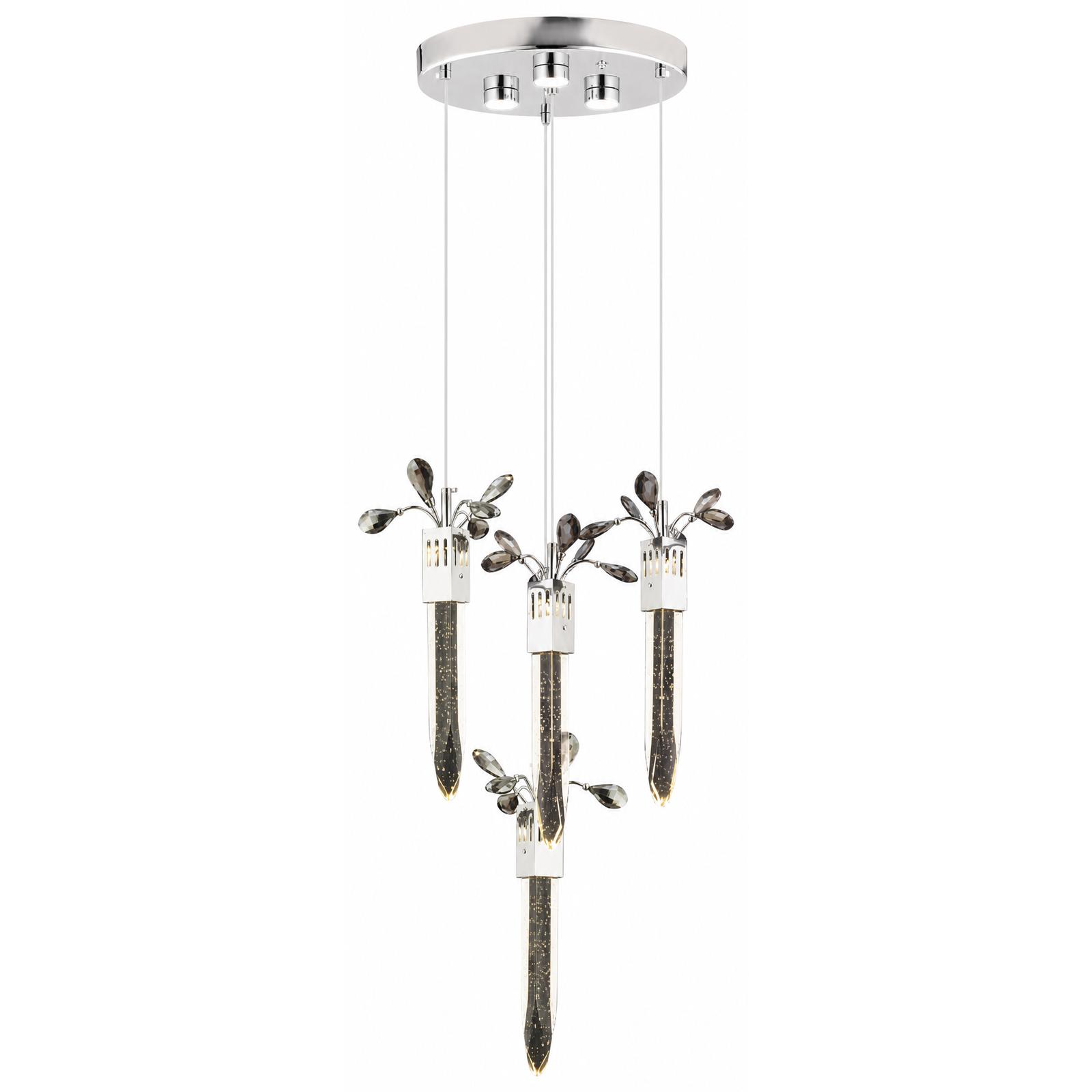Foliara Lámpara colgante cromada de racimo escalonado con 4 luces y hojas de cristal — Luces encendidas, Fondo blanco