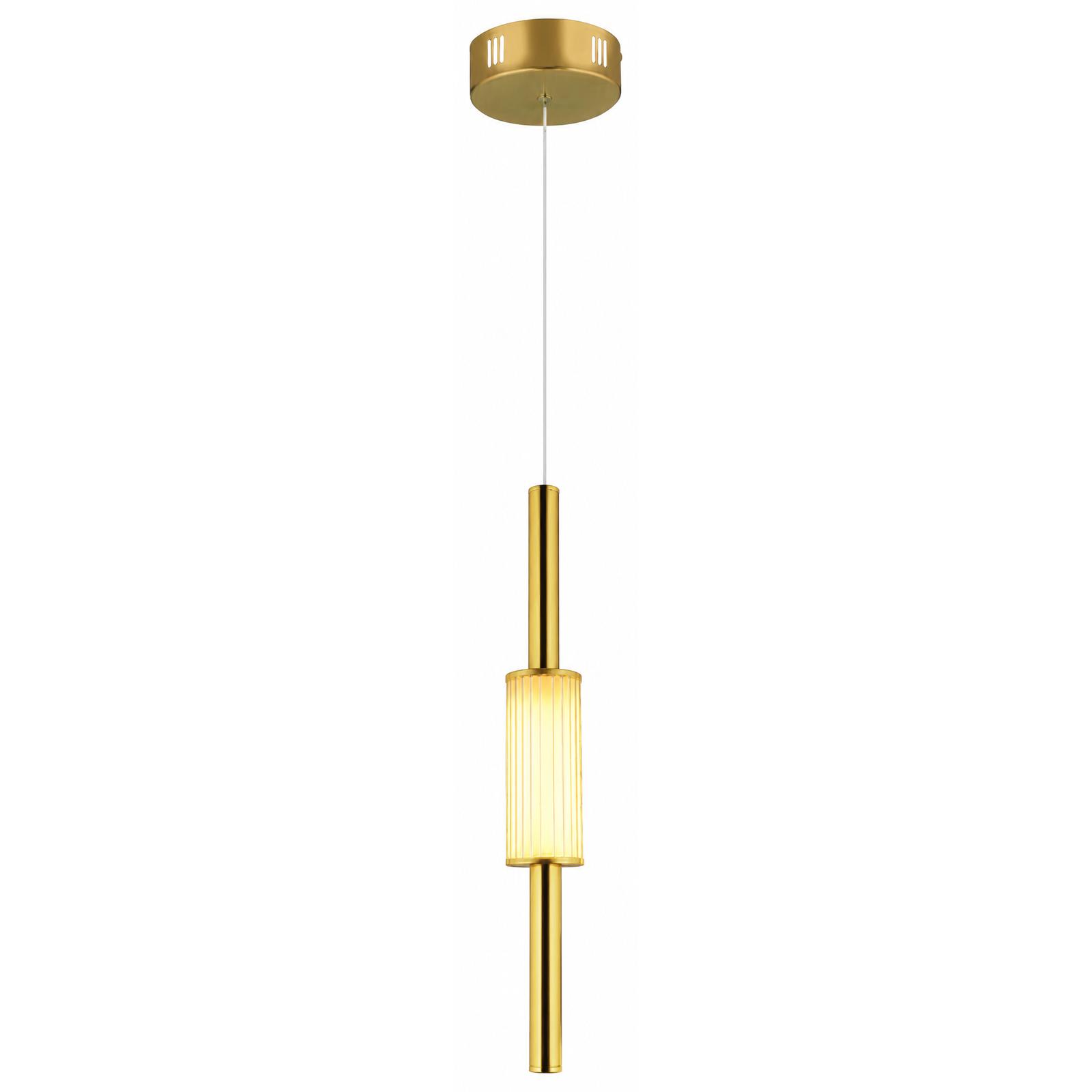 Candelis Lámpara colgante individual en oro envejecido con cilindro acanalado — Luces encendidas, Fondo blanco