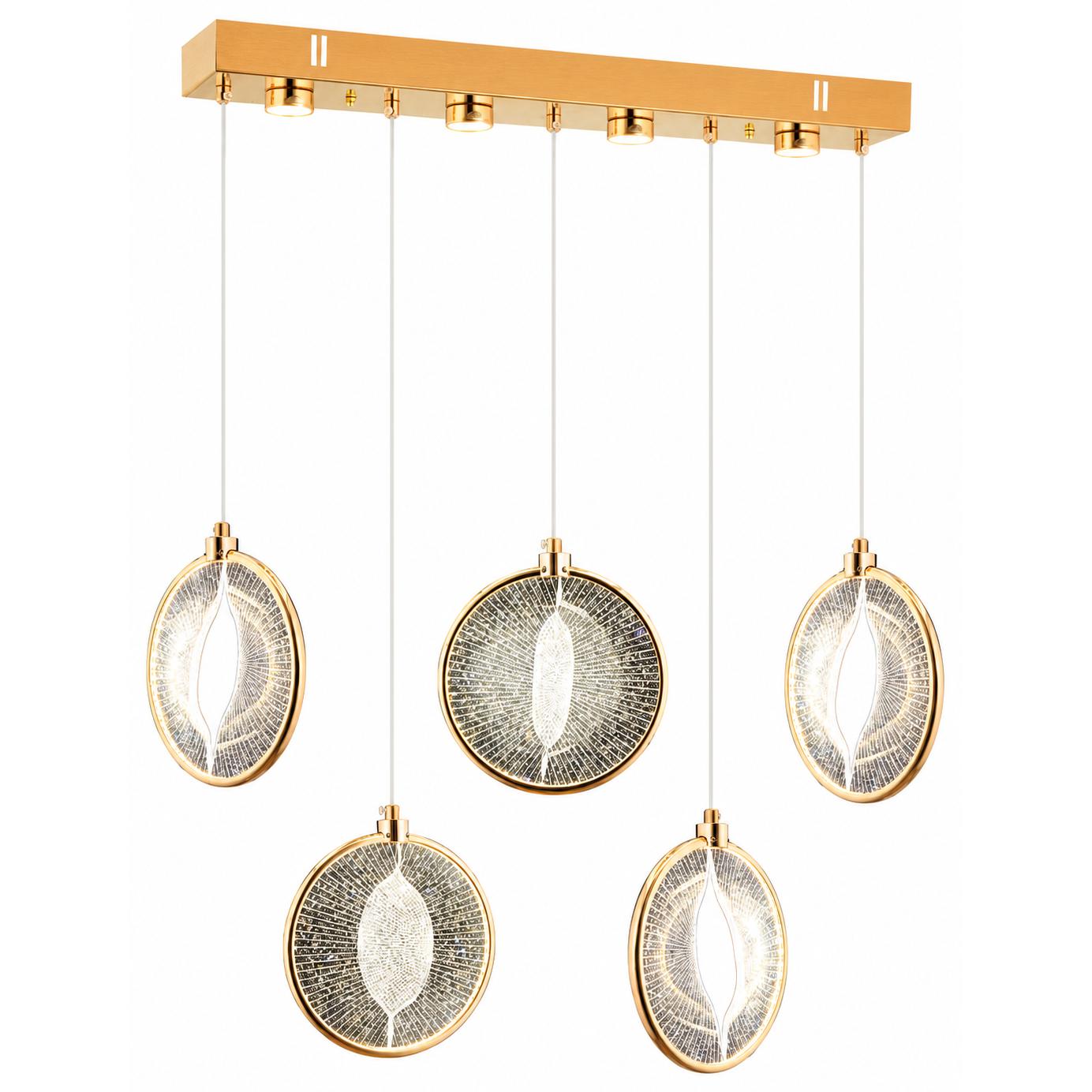 Iriselle Suspension linéaire dorée à 5 lumières pour table à manger avec disques texturés cristal — Éclairage allumé, Fond blanc